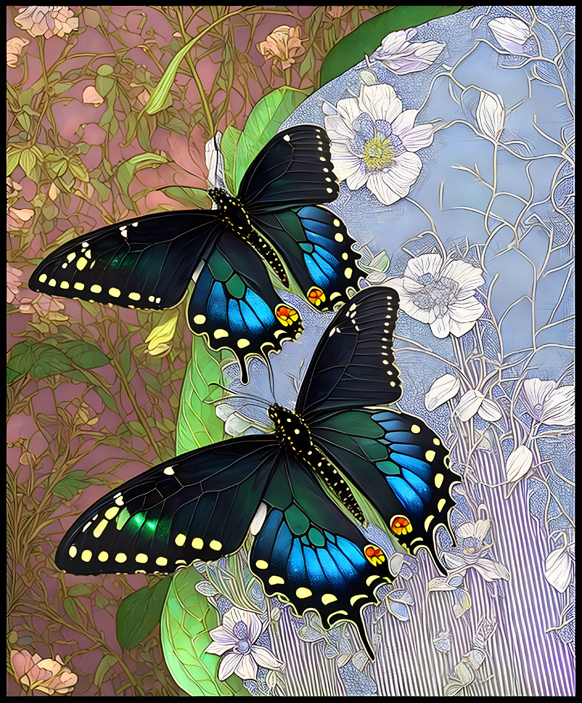 Blue and Black Butterfly Illustration on Pastel Floral Background