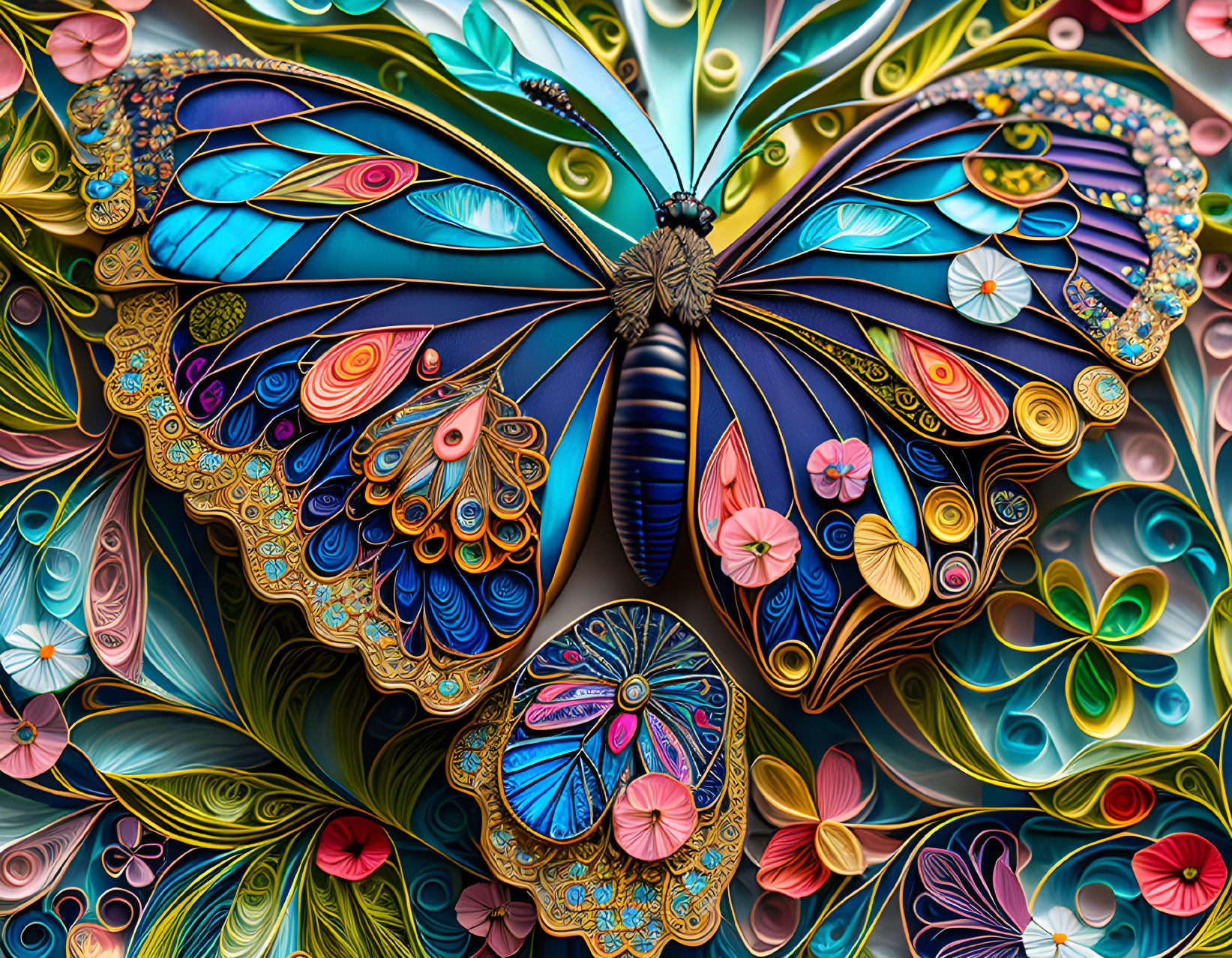 Colorful Butterfly Artwork with Ornate Wings and Intricate Quilled Background