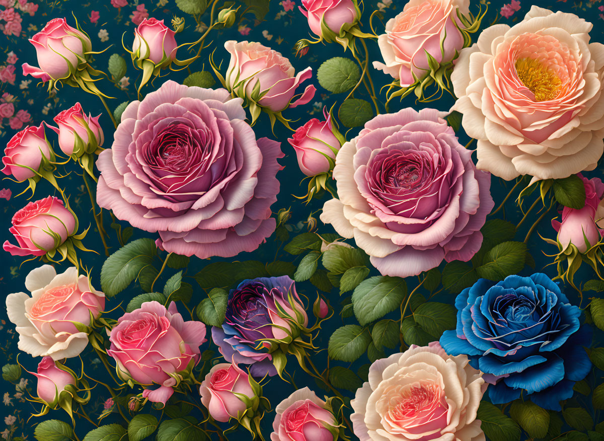 Floral pattern with pink, peach, and blue roses on dark teal background