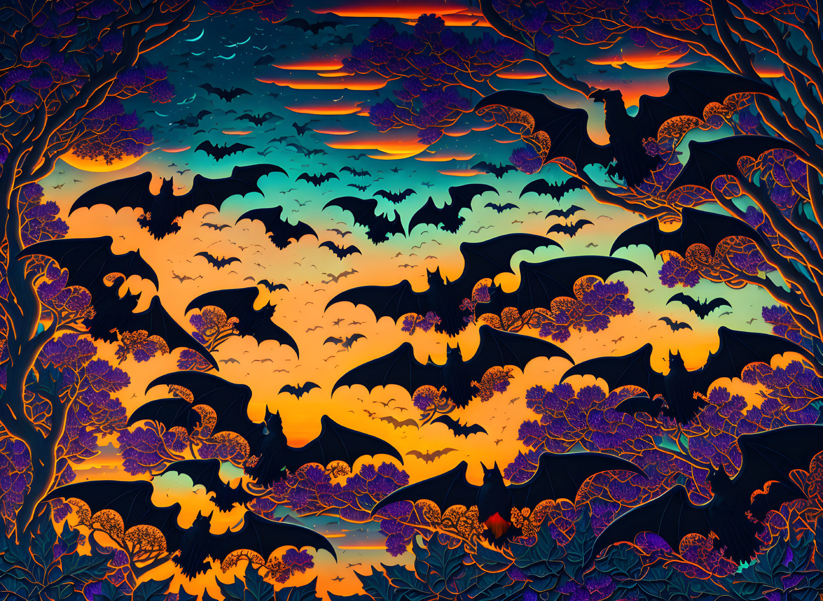 Vibrant digital artwork: bats flying in twilight forest