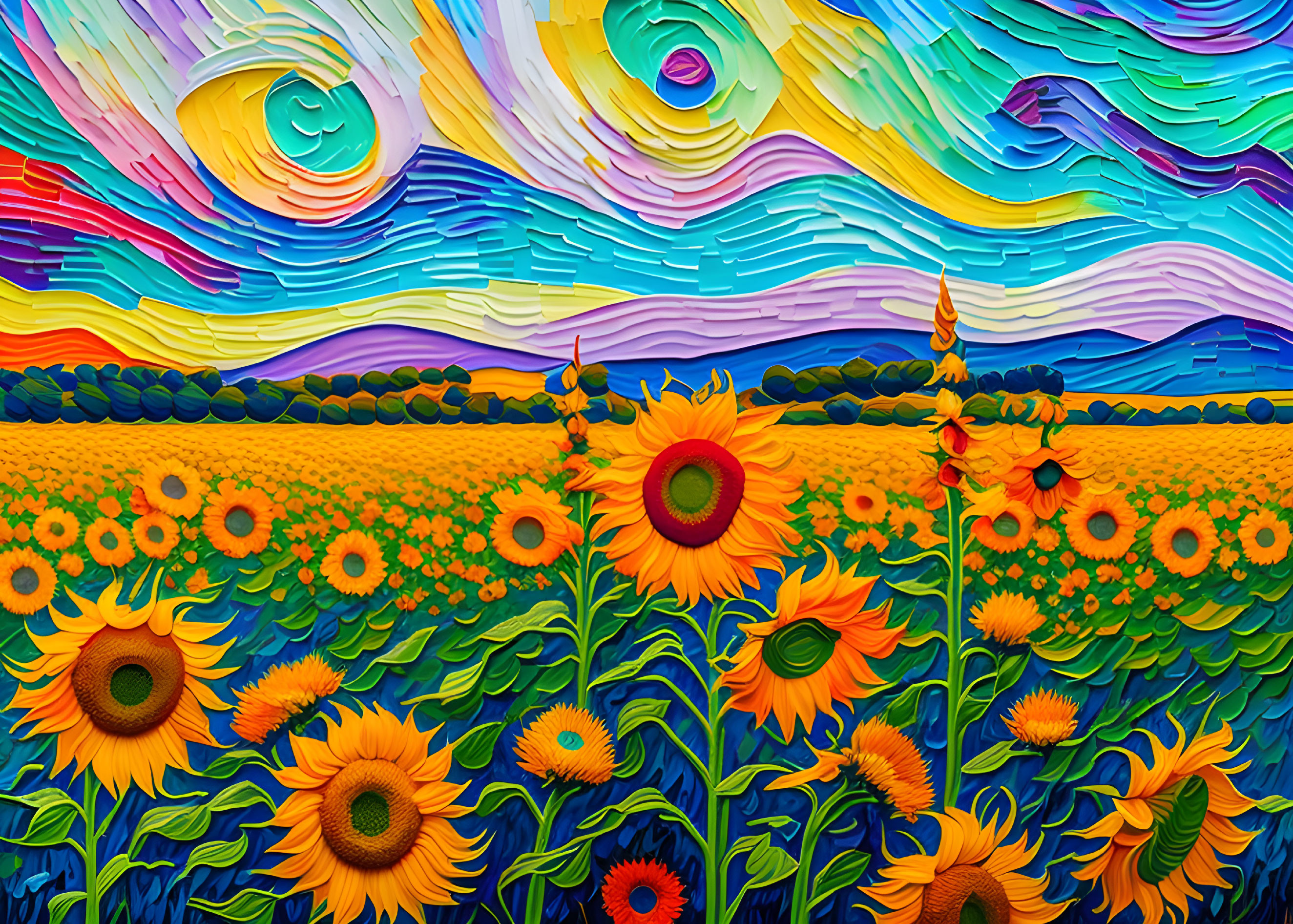 Colorful painting of swirling skies over sunflower field