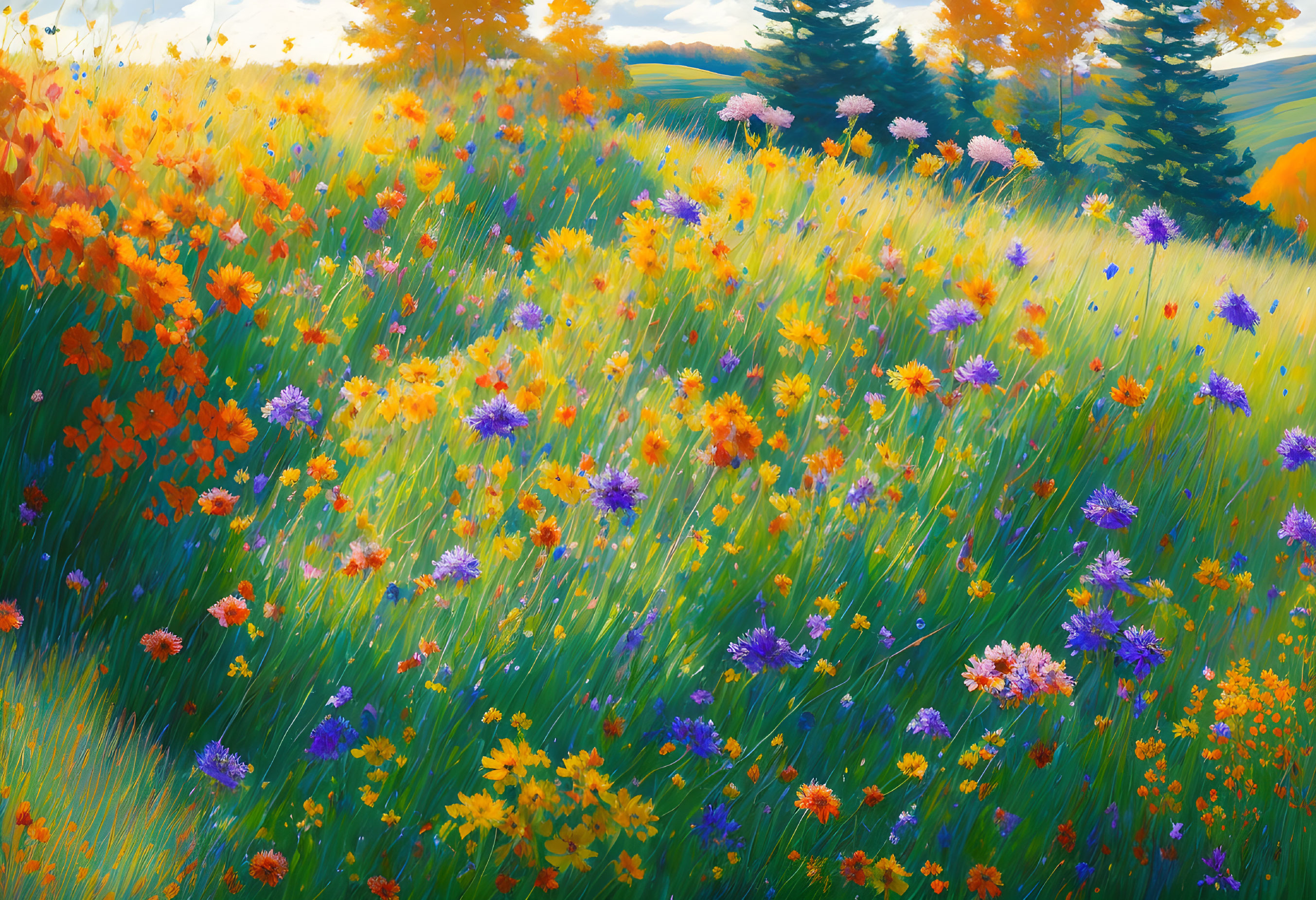 Colorful wildflower meadow in soft autumn light