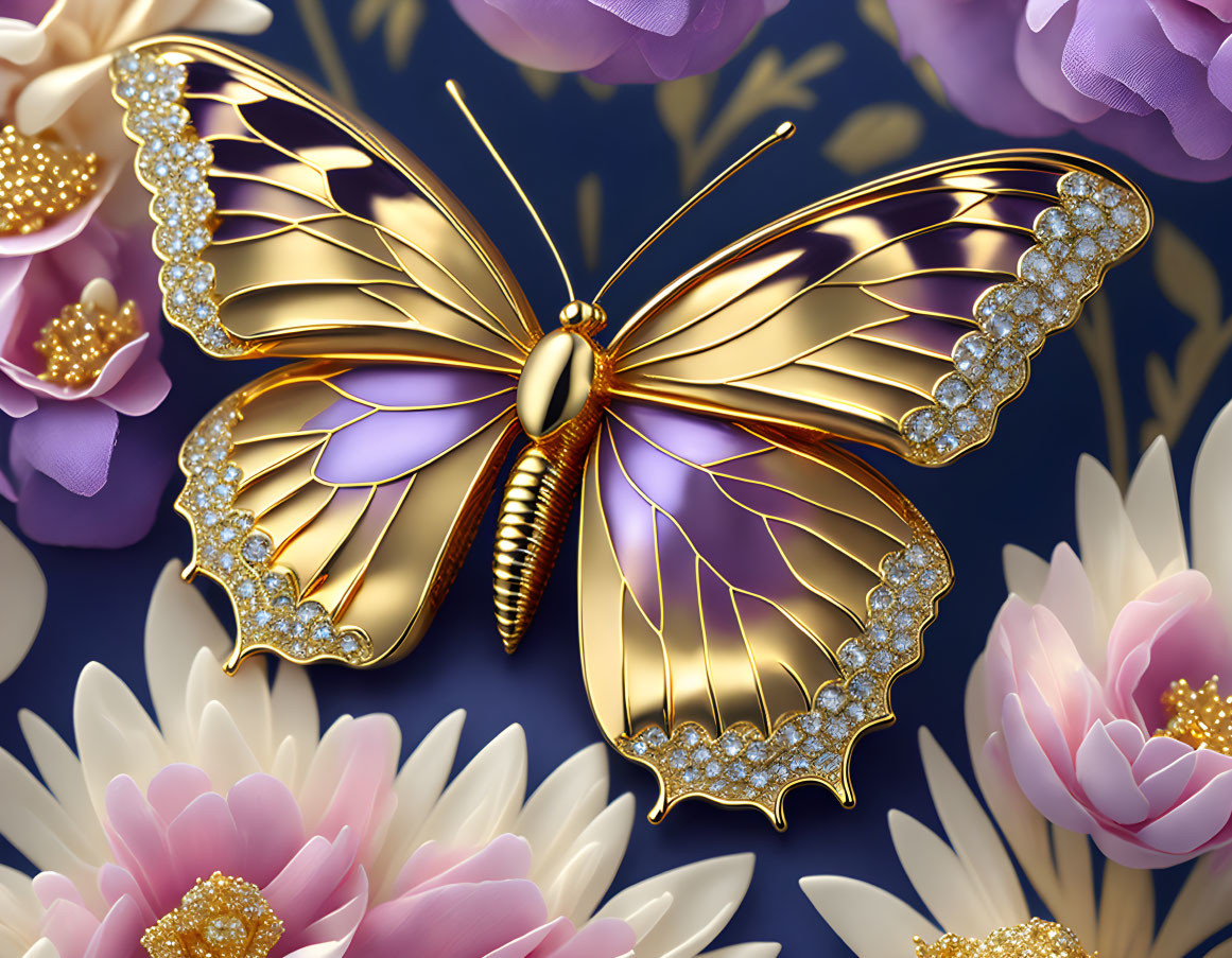 Golden jewel-encrusted butterfly on pink flowers against blue background