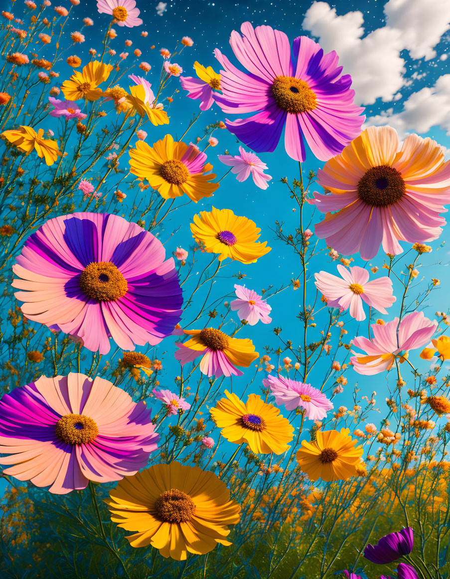 Colorful Wildflowers Blooming Under Blue Sky