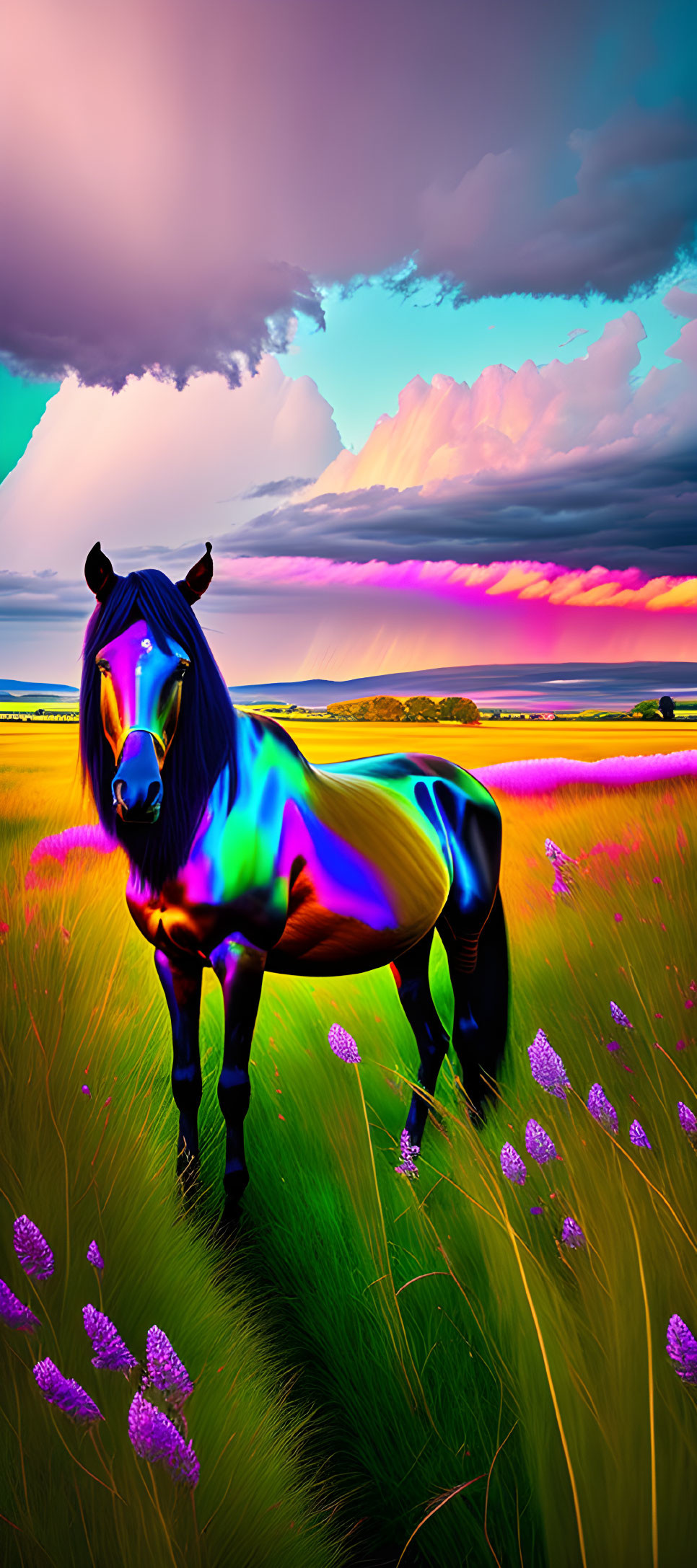 Iridescent horse in vibrant field at sunset