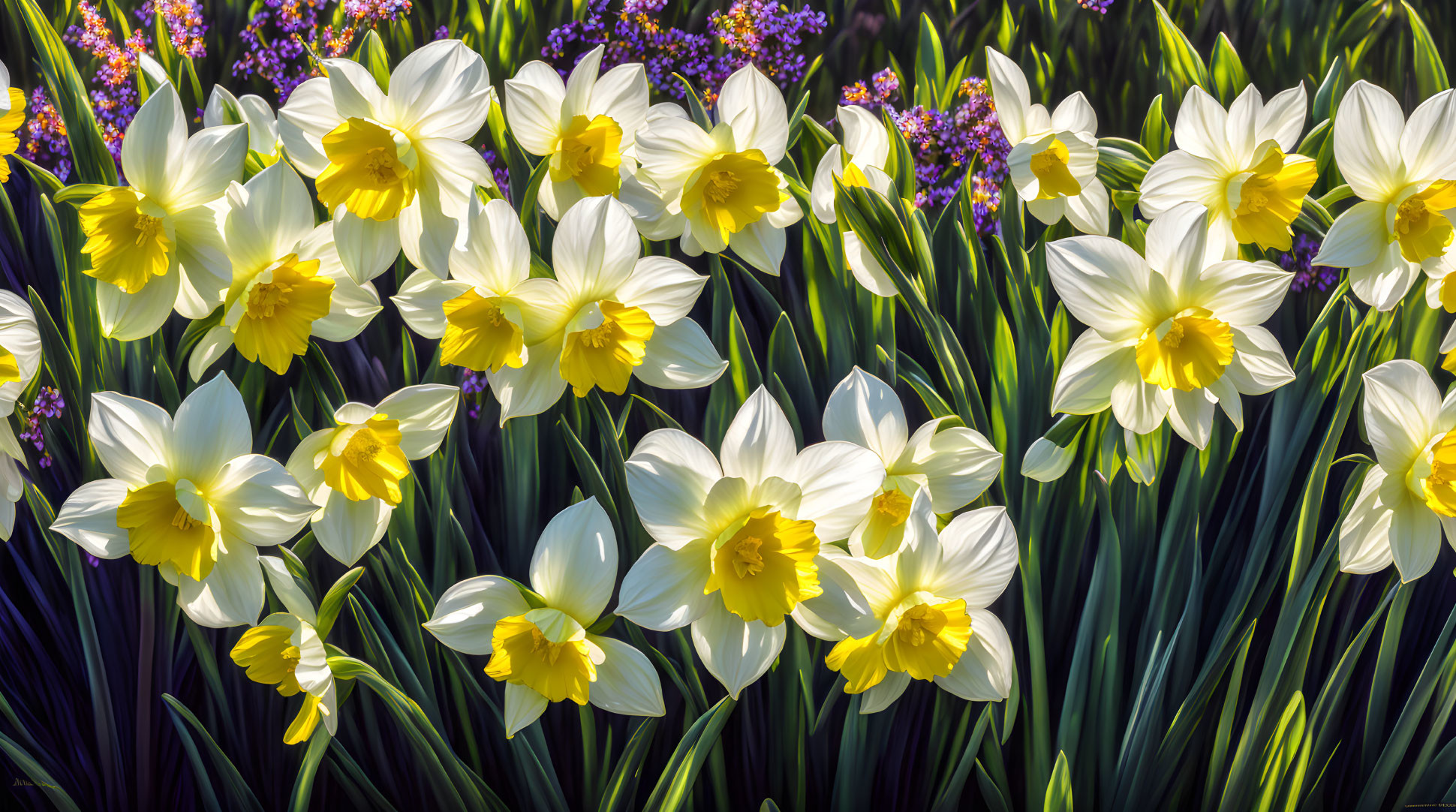 Colorful daffodils and purple flowers in bright sunlight