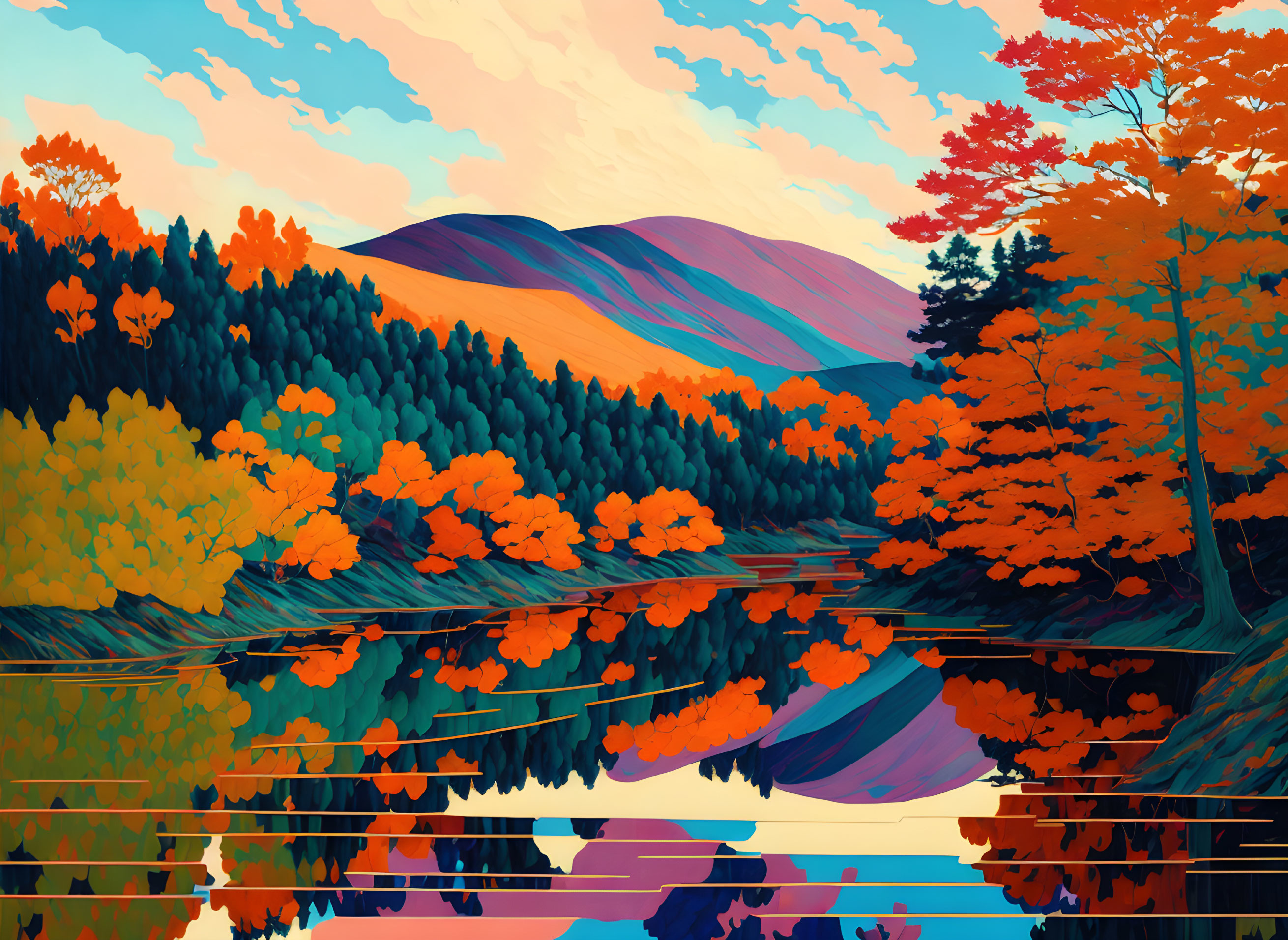 Colorful Autumn Forest Reflected in Serene Lake