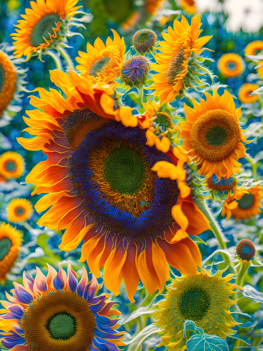 Close-up sunflower with blurred field and blue sky