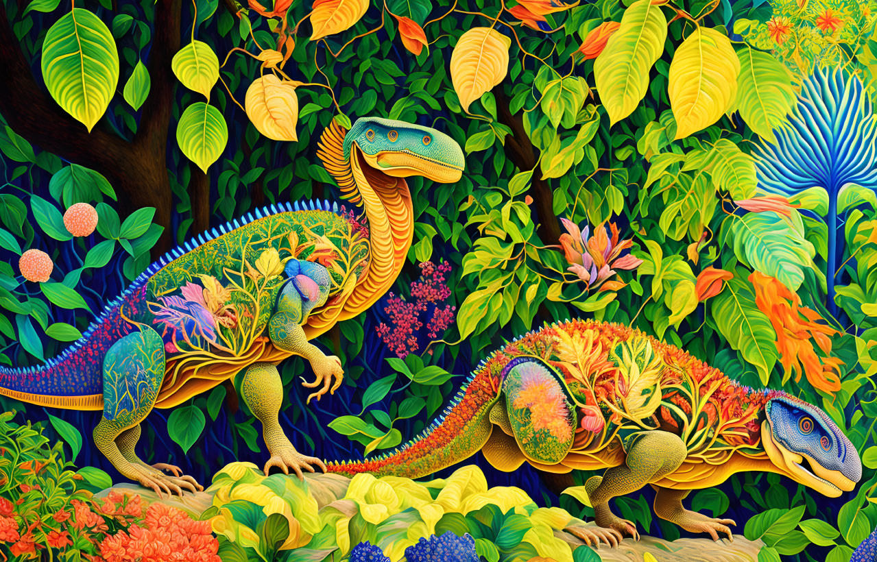 Colorful Stylized Dinosaur Artwork in Lush Tropical Setting