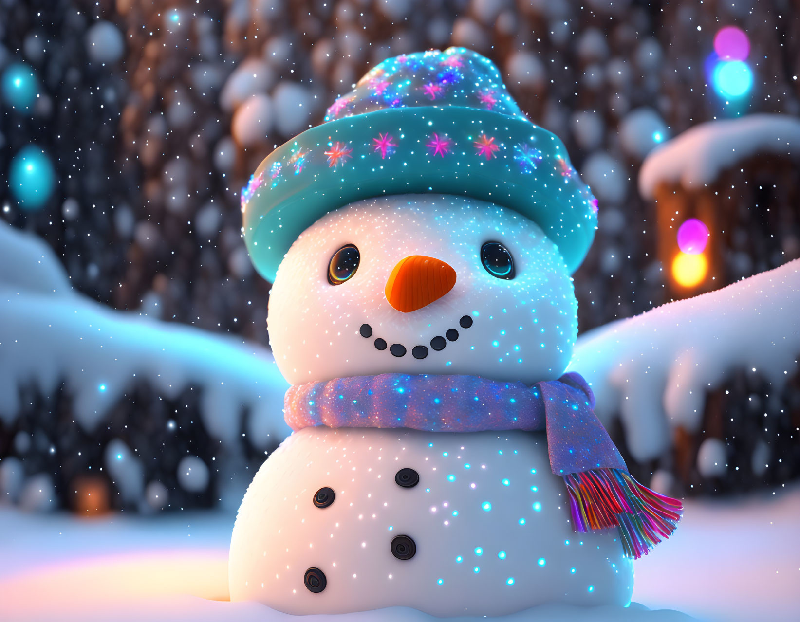 Cheerful snowman with teal hat and scarf in snowfall scene