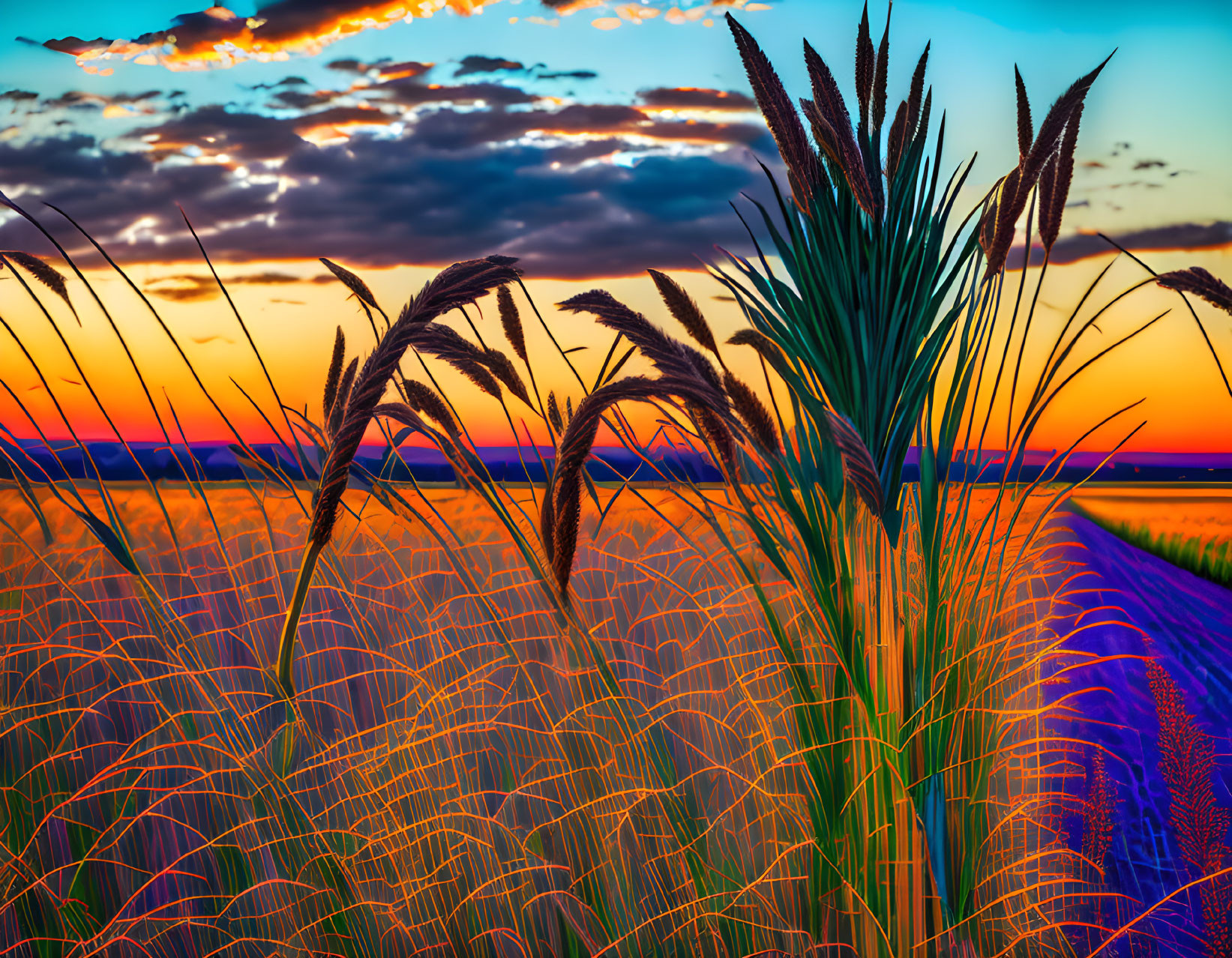 Vibrant sunset over tall grass field with orange and blue sky