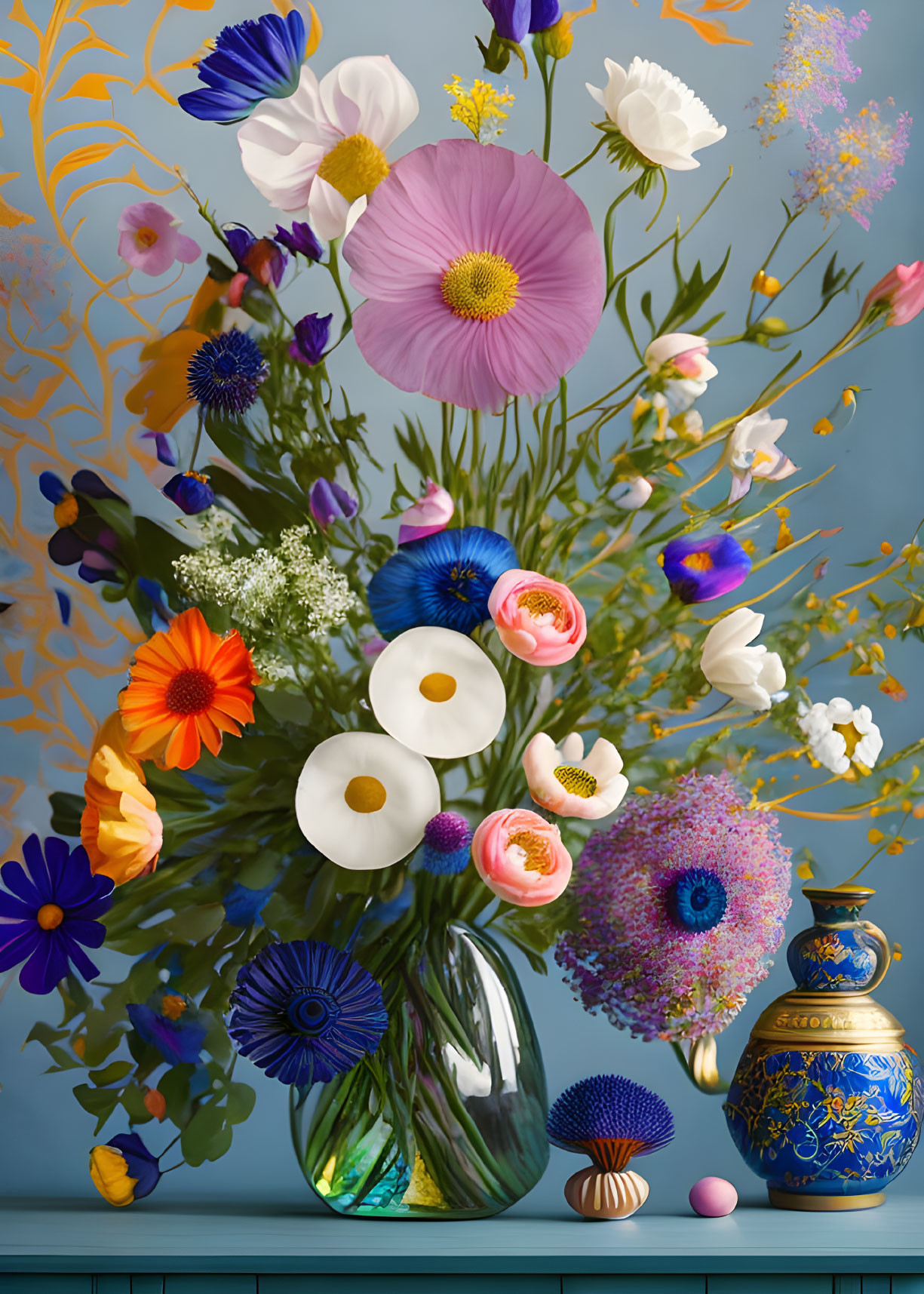 Vibrant flowers in clear vase on blue backdrop with blue and gold vase