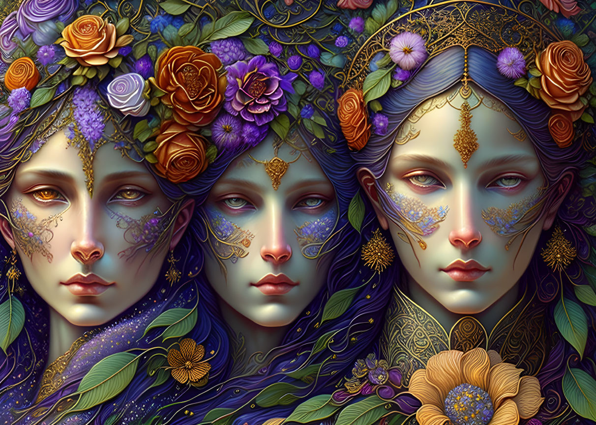 Ethereal female figures with floral and golden jewelry on vibrant botanical backdrop