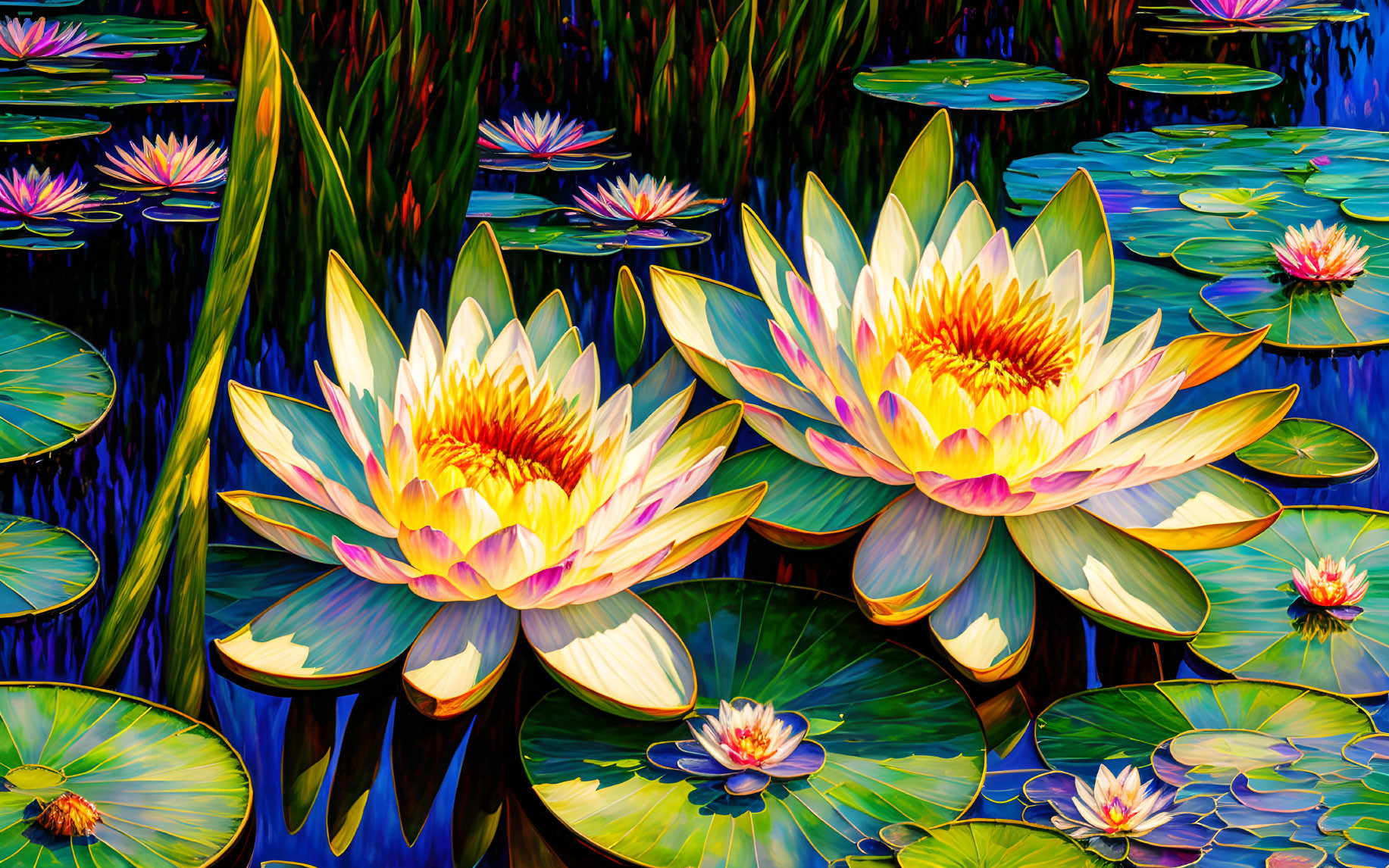 Colorful Water Lilies Painting on Blue Pond