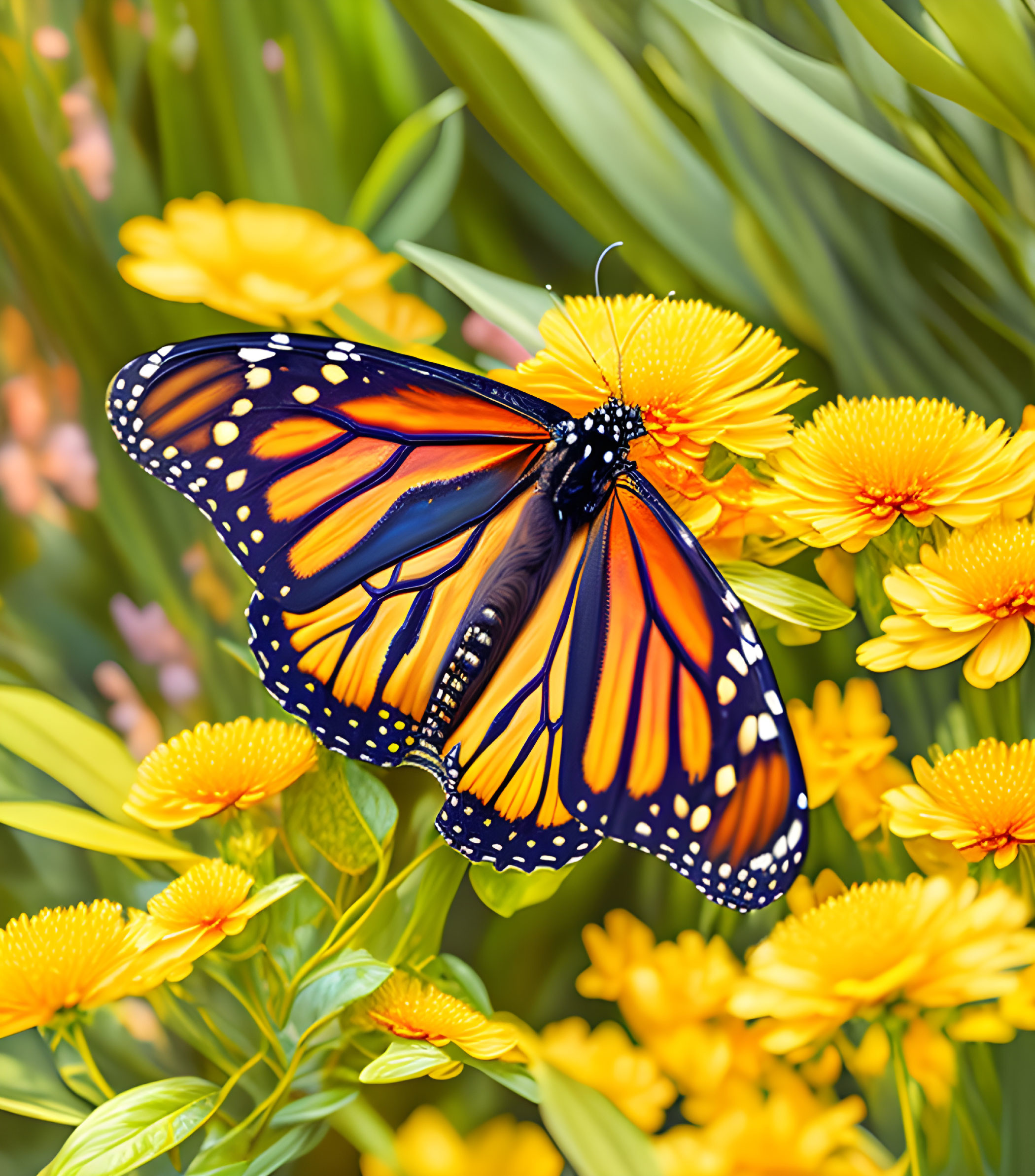 Colorful Monarch Butterfly on Yellow Flowers with Green Foliage