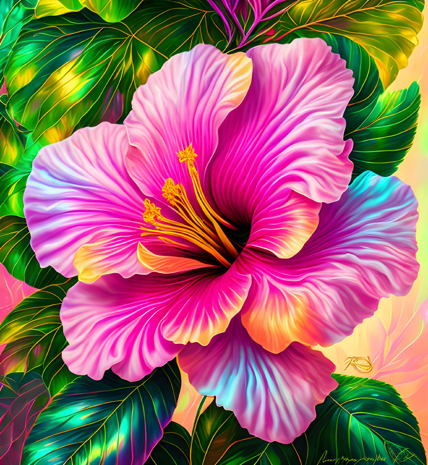 Colorful digital artwork: Pink hibiscus flower with green leaves