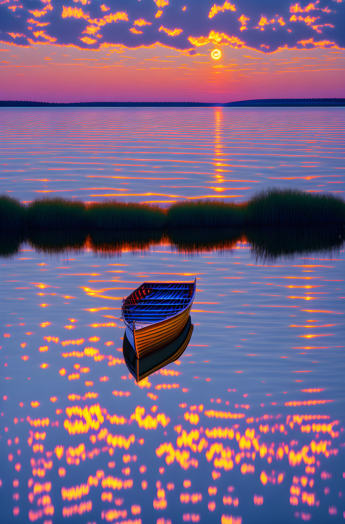 Sunset sky reflecting on calm waters with a solitary boat - serene scene