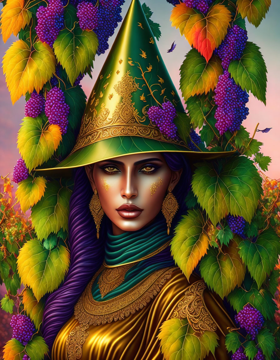 Golden-skinned woman in green-golden hat among grapevines