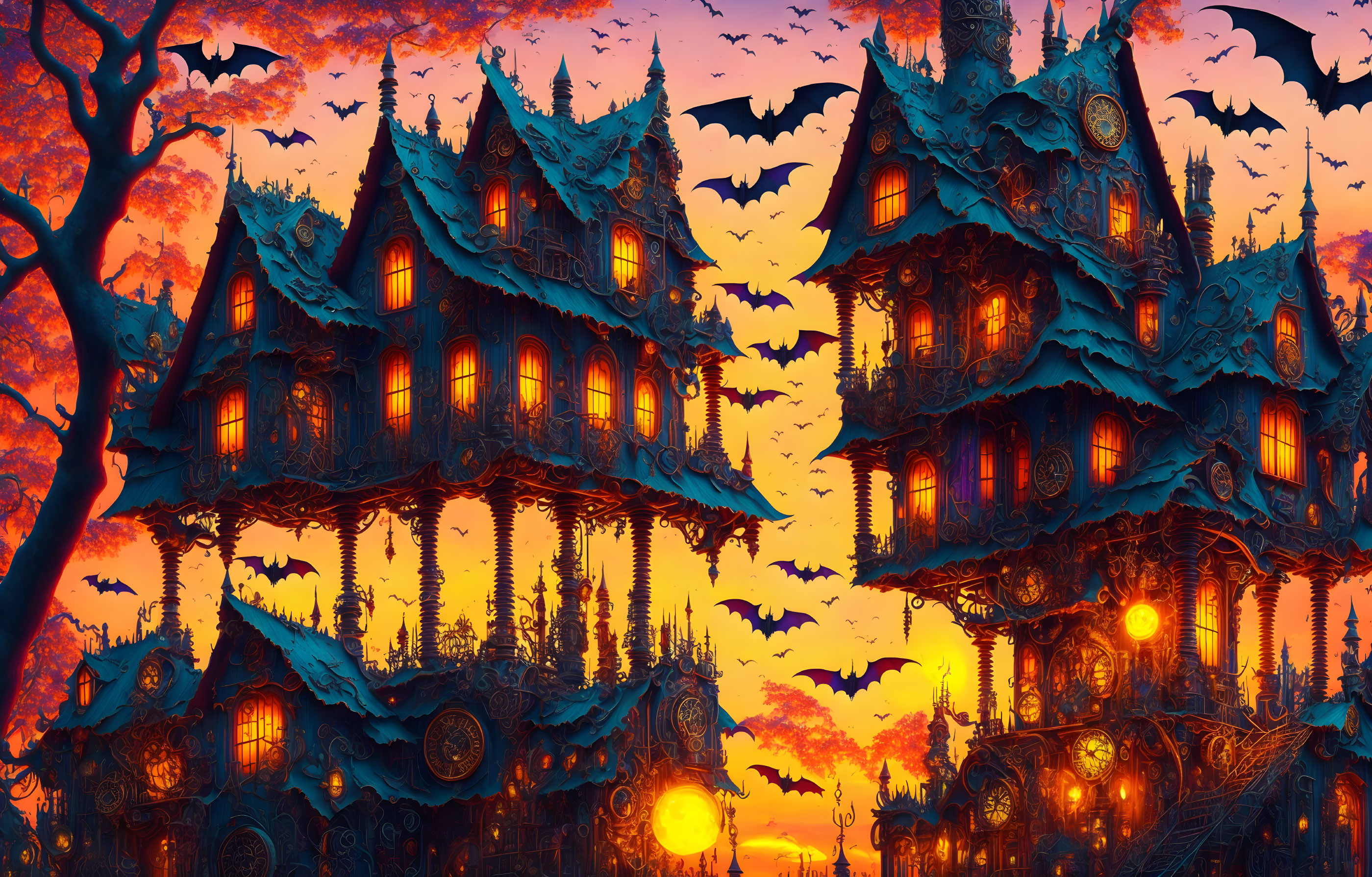 Gothic-style houses with bats in eerie setting