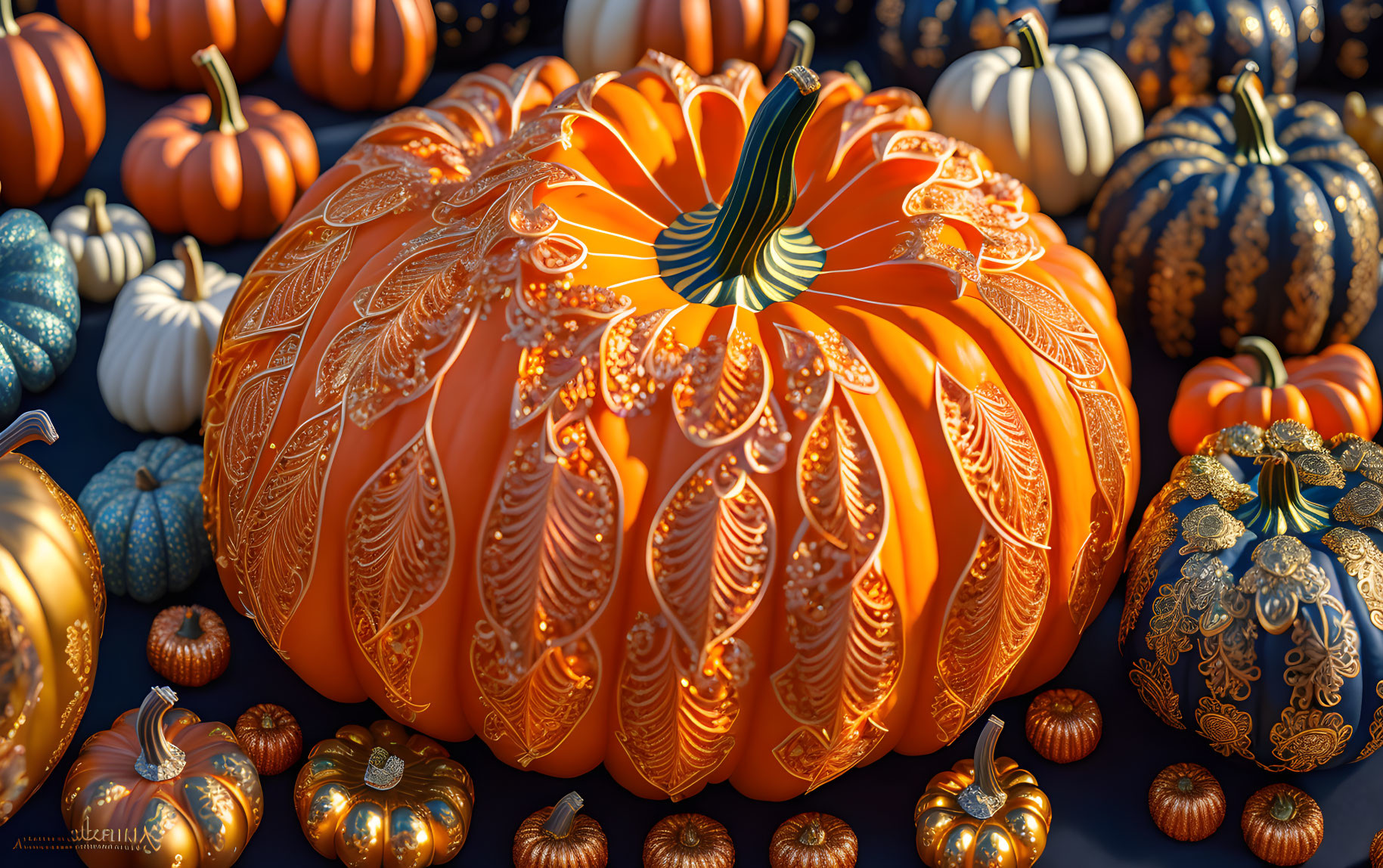 Colorful Ornate Pumpkin Collection in Orange, Blue, and White