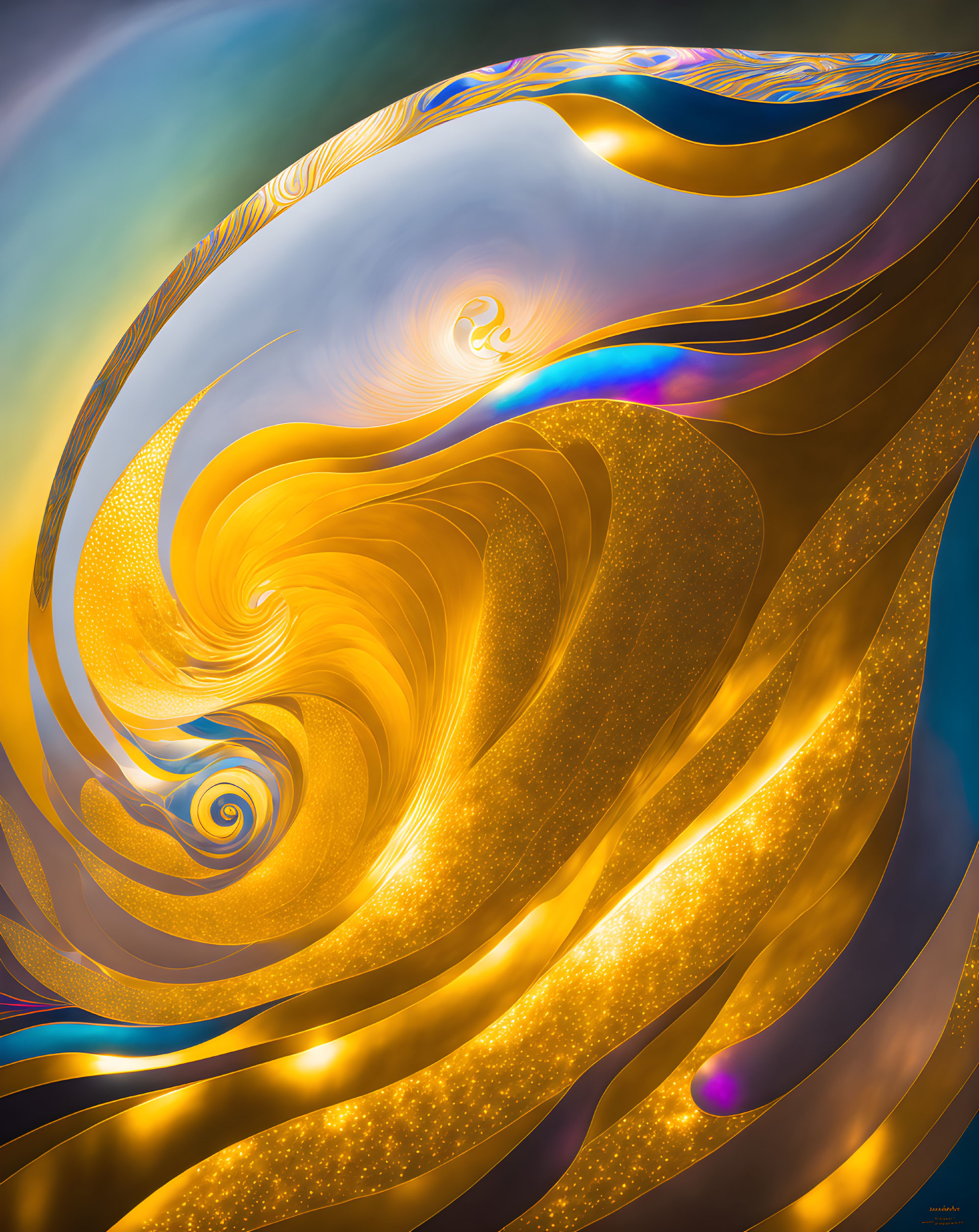 Colorful digital artwork with golden hues and swirling patterns