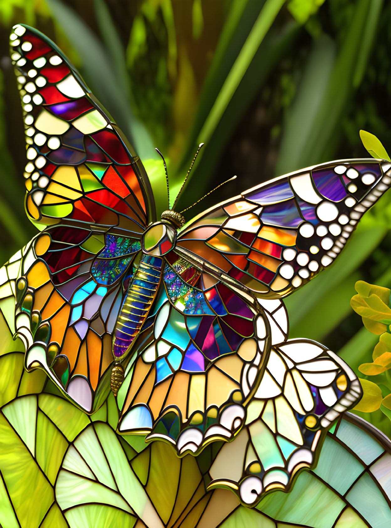 Colorful Butterfly Artwork with Stained Glass Wings on Green Foliage