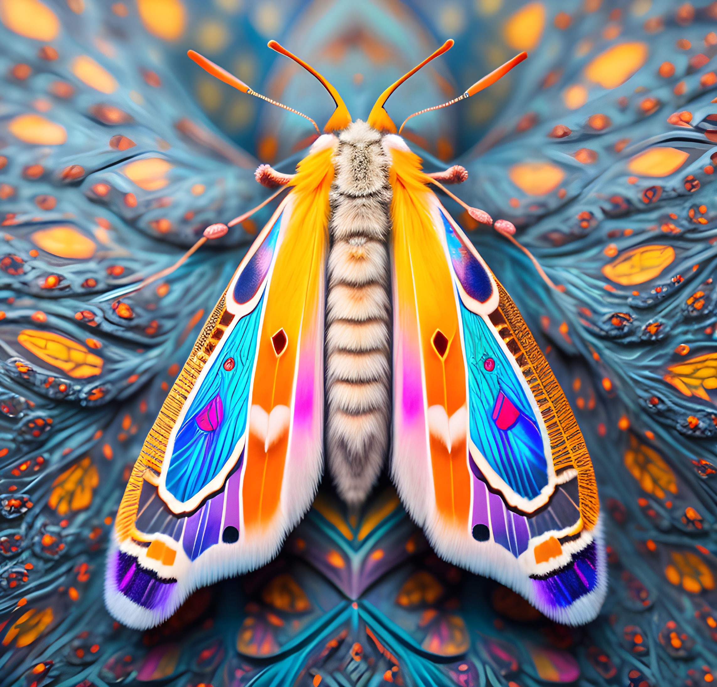 Colorful Moth with Orange and Blue Wings on Symmetrical Background