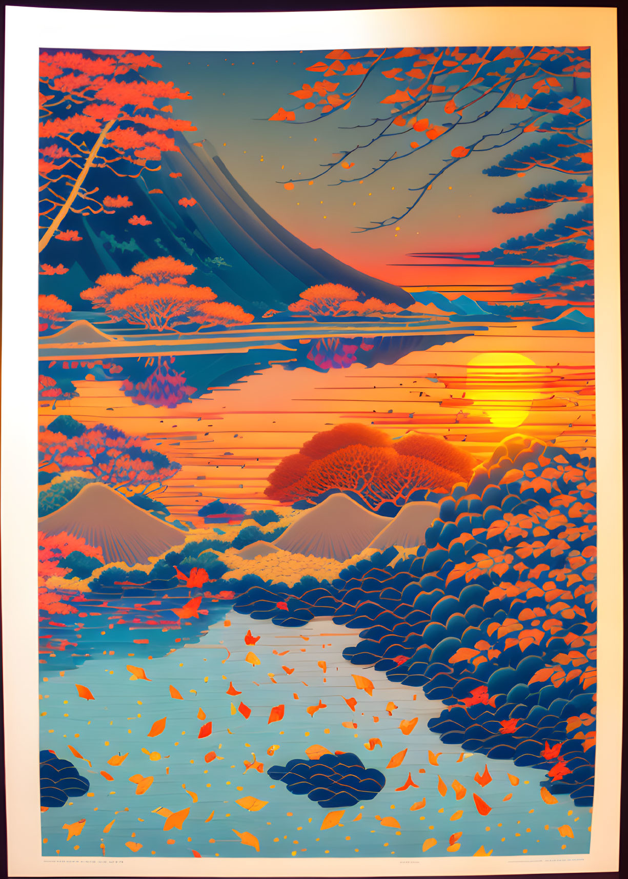 Scenic mountain landscape with sunset sky and red leaves reflection