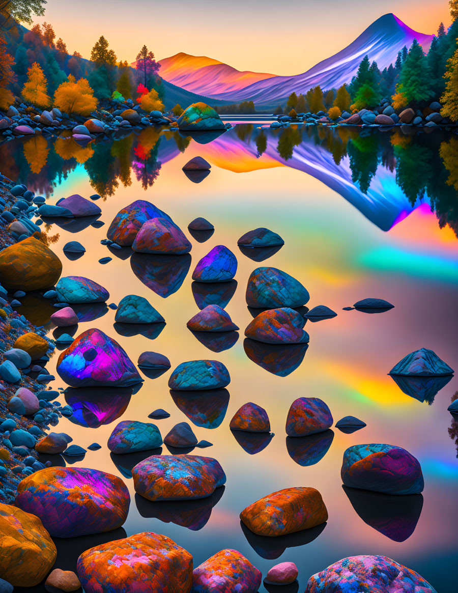 Colorful Autumn Landscape with River and Sunset Reflections