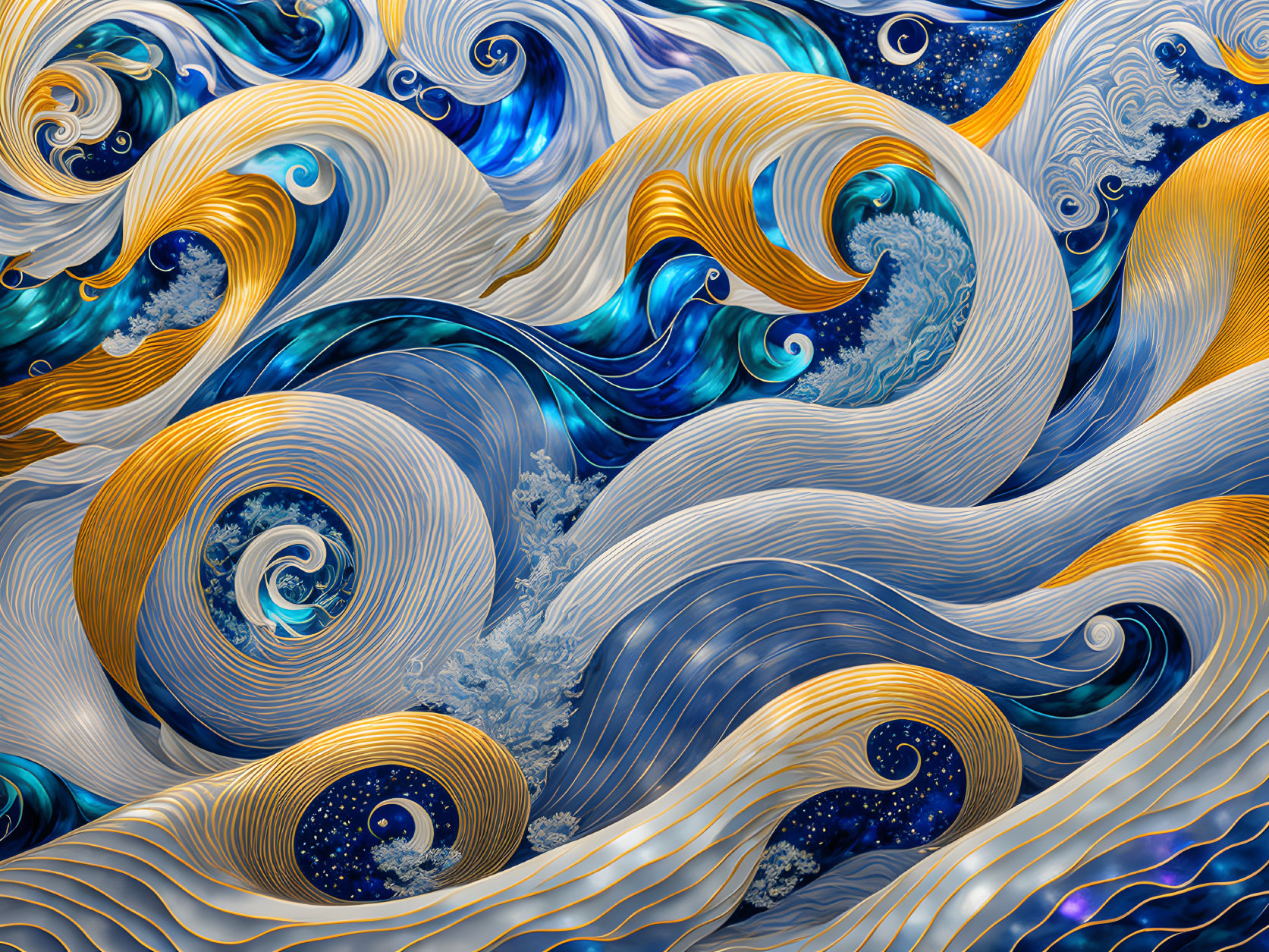 Abstract digital art: Swirling blue and gold patterns like Van Gogh's Starry Night