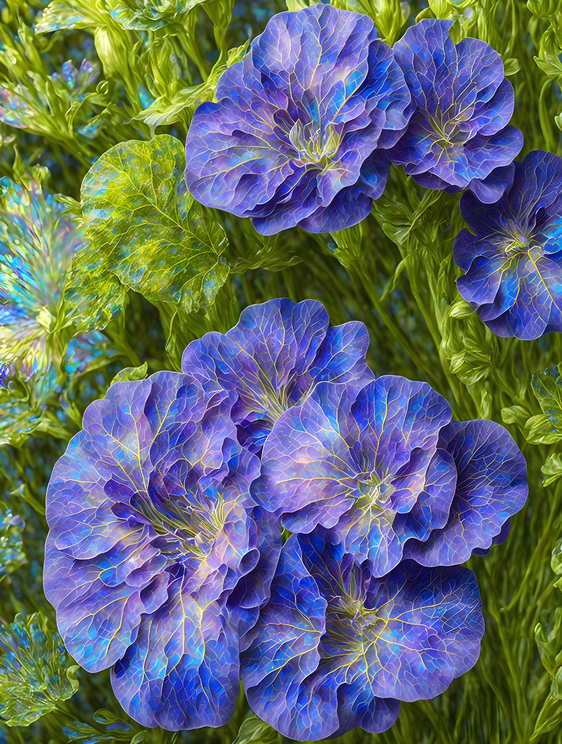 Beautiful blue-purple flowers with intricate vein-like patterns in green foliage