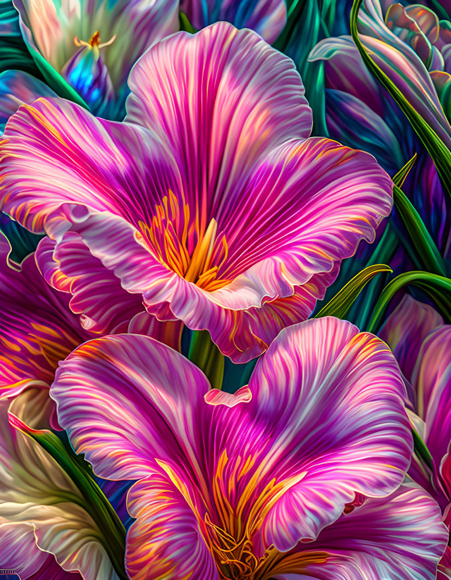 Colorful digital art: Pink & purple flowers, green foliage swirls