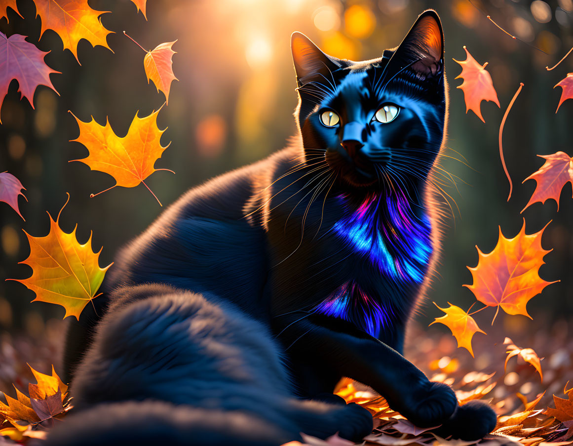 Black Cat with Blue and Purple Fur in Autumn Setting