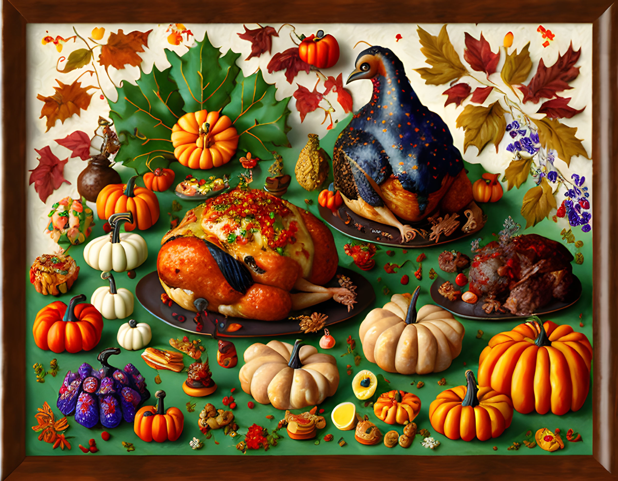 Thanksgiving feast with roast turkey, pumpkins, pie, fruits, nuts, and decor