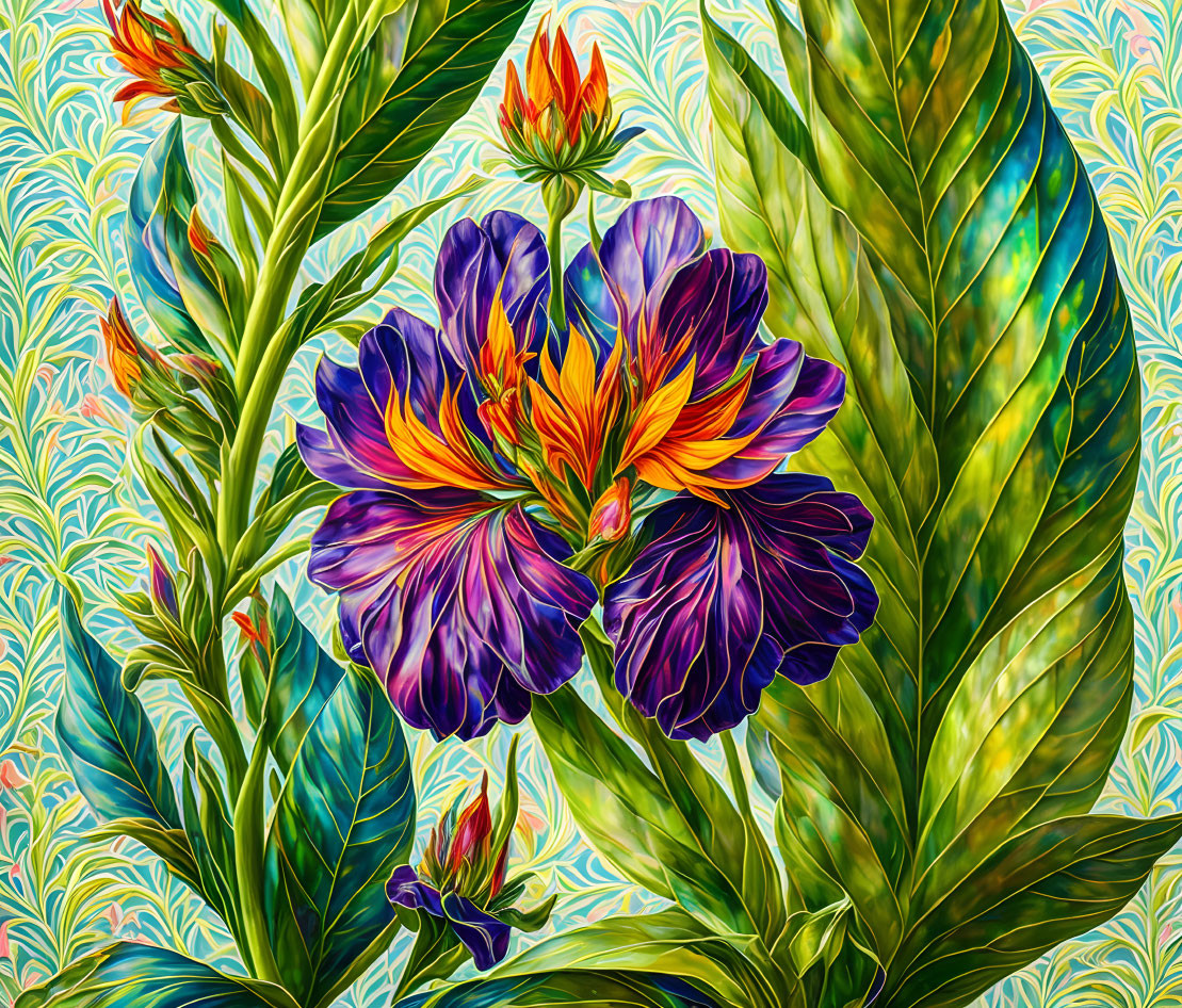 Colorful digital artwork of purple and orange flower with green leaves on whimsical background