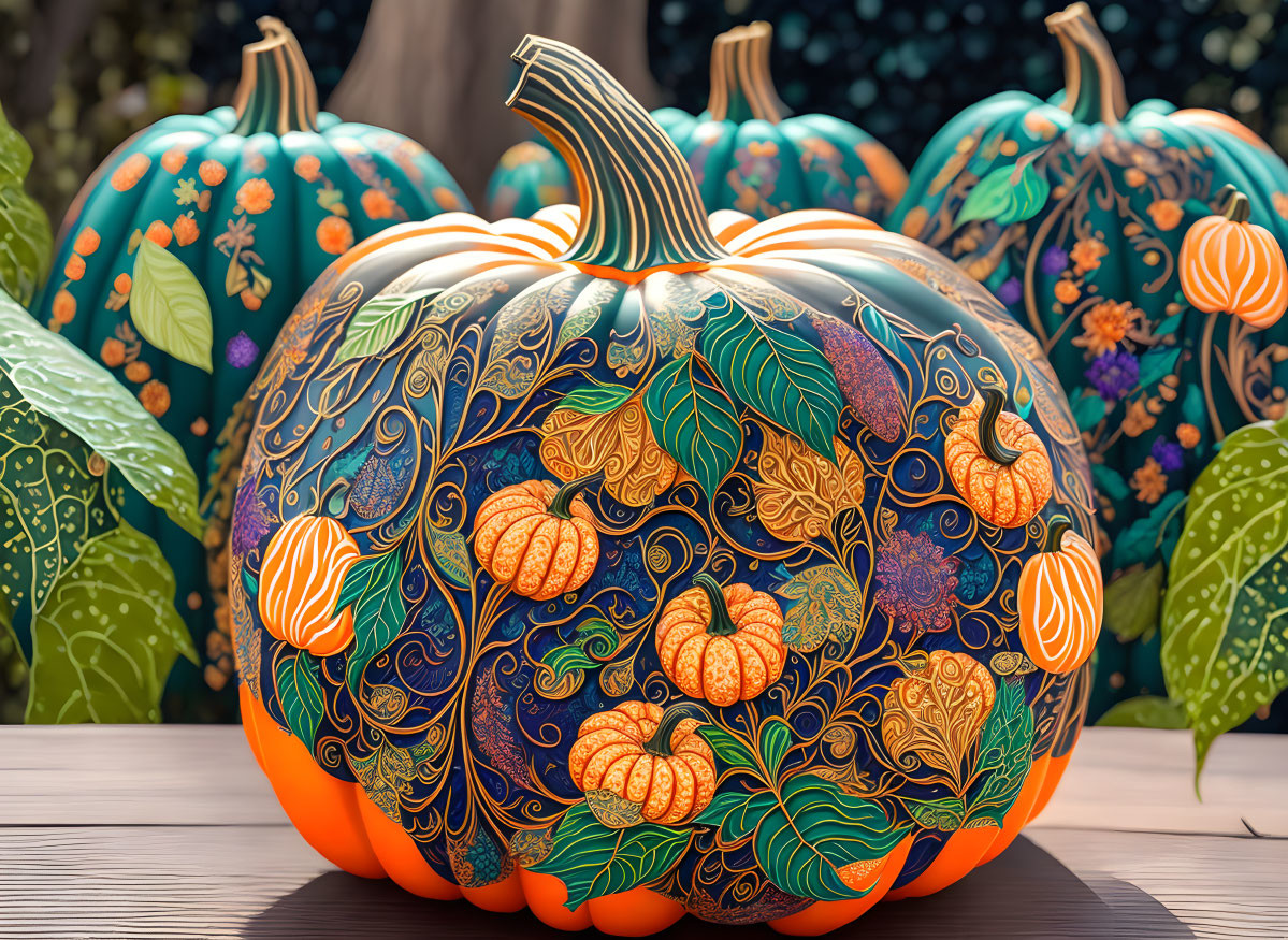 Colorful Floral Patterned Pumpkins Against Leafy Background