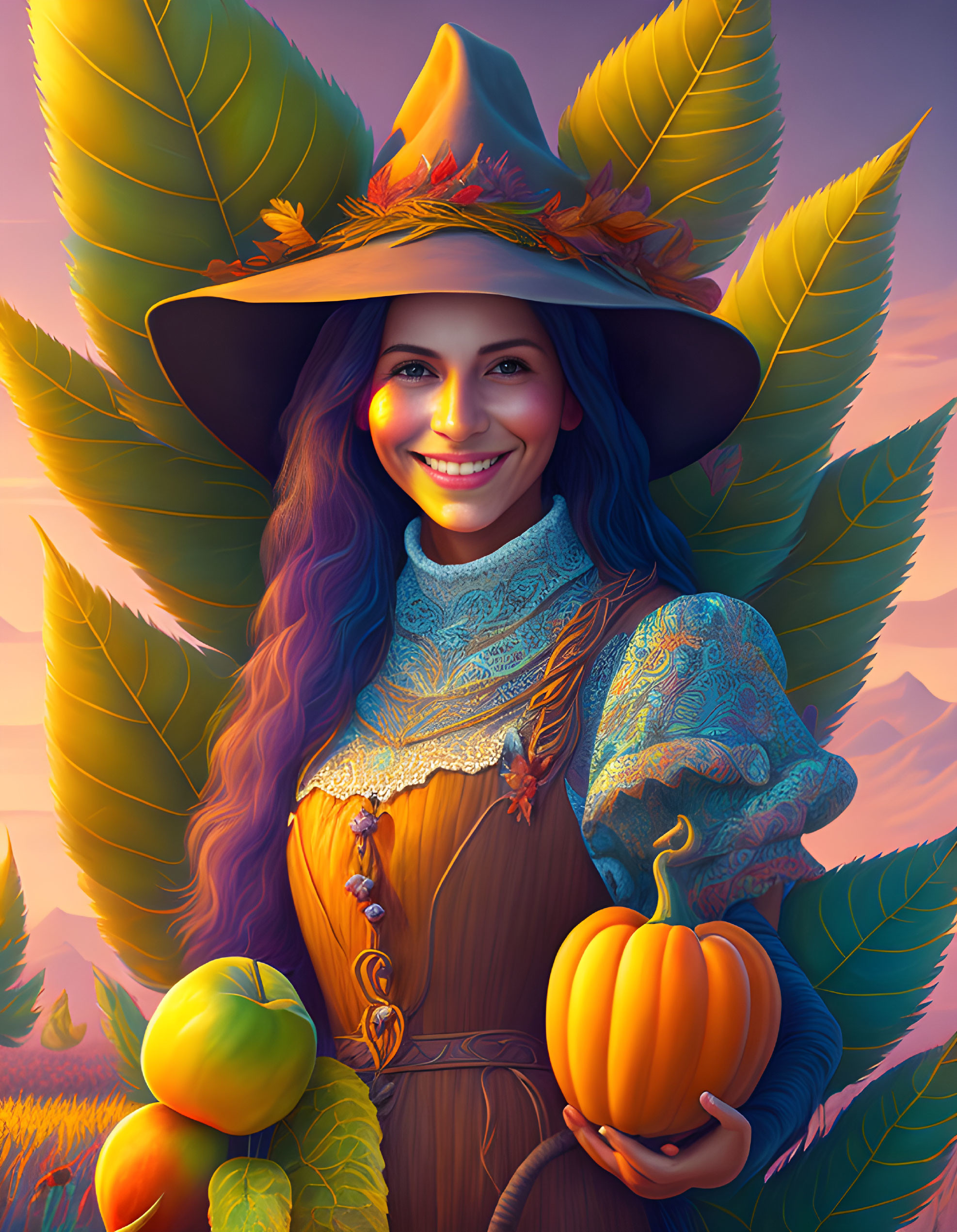 Smiling woman in witch hat with pumpkin in autumn setting