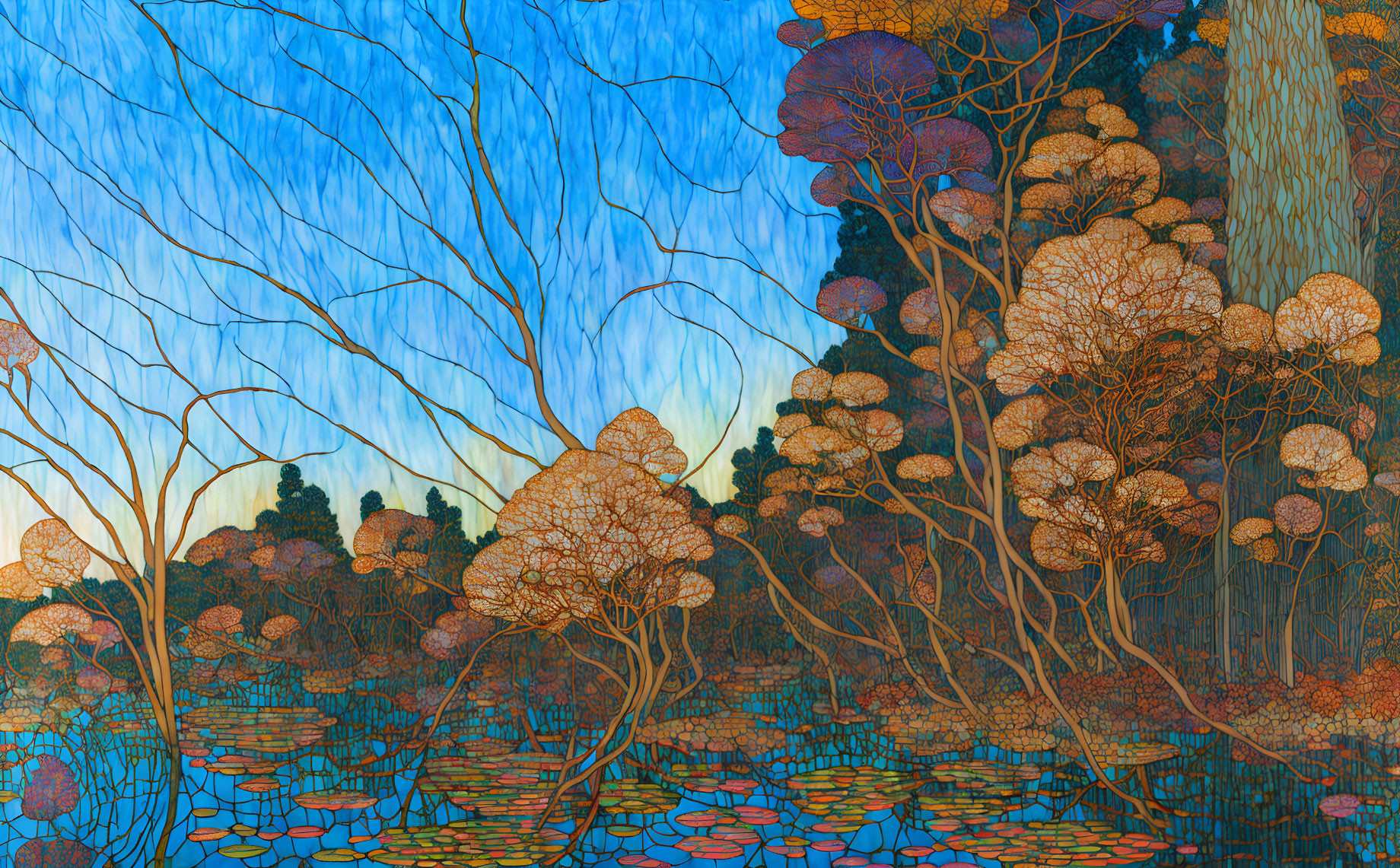 Stylized landscape with intricate trees, blue sky, and pond.