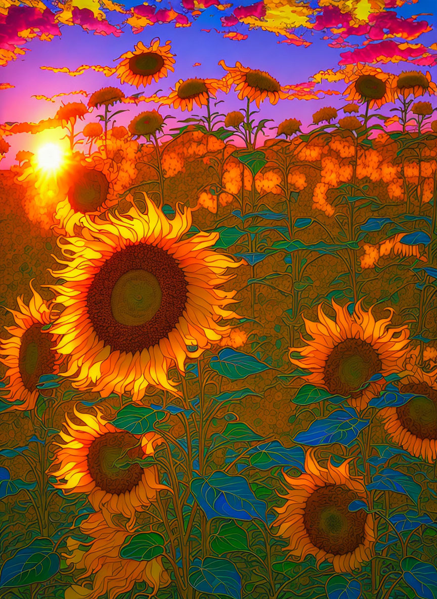 Sunflower field illustration: vibrant sunset scene