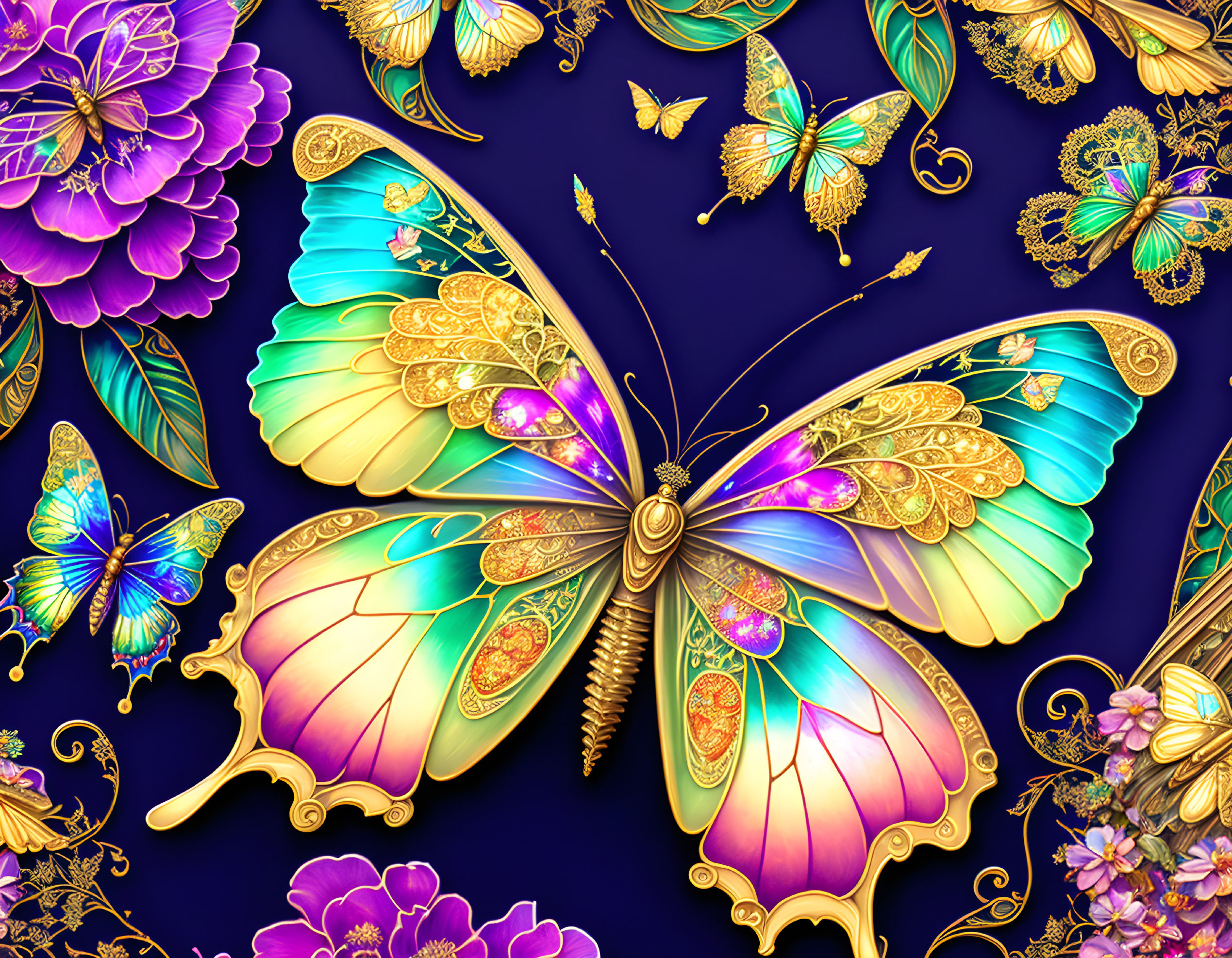 Colorful digital artwork: Large ornate butterfly with golden patterns, surrounded by smaller butterflies and purple flowers