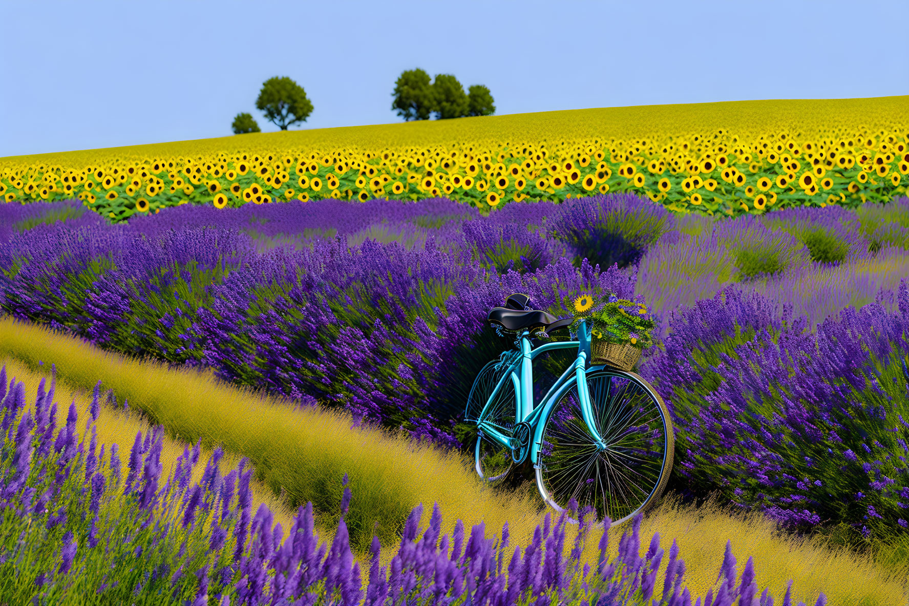 Blue Bicycle with Hat and Sunflowers in Lavender Field