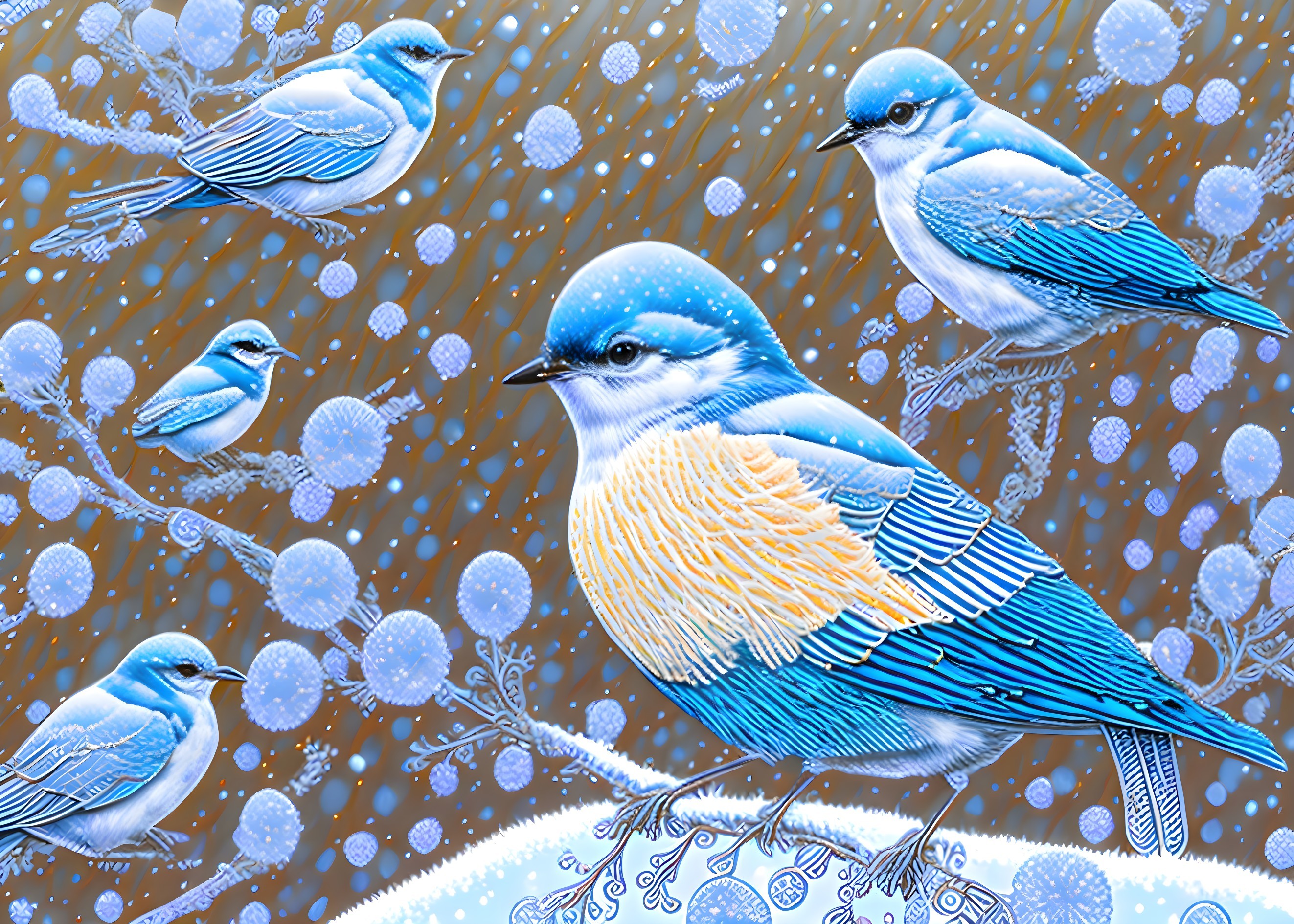 Stylized blue birds with intricate patterns on dotted branches in speckled orange and blue.