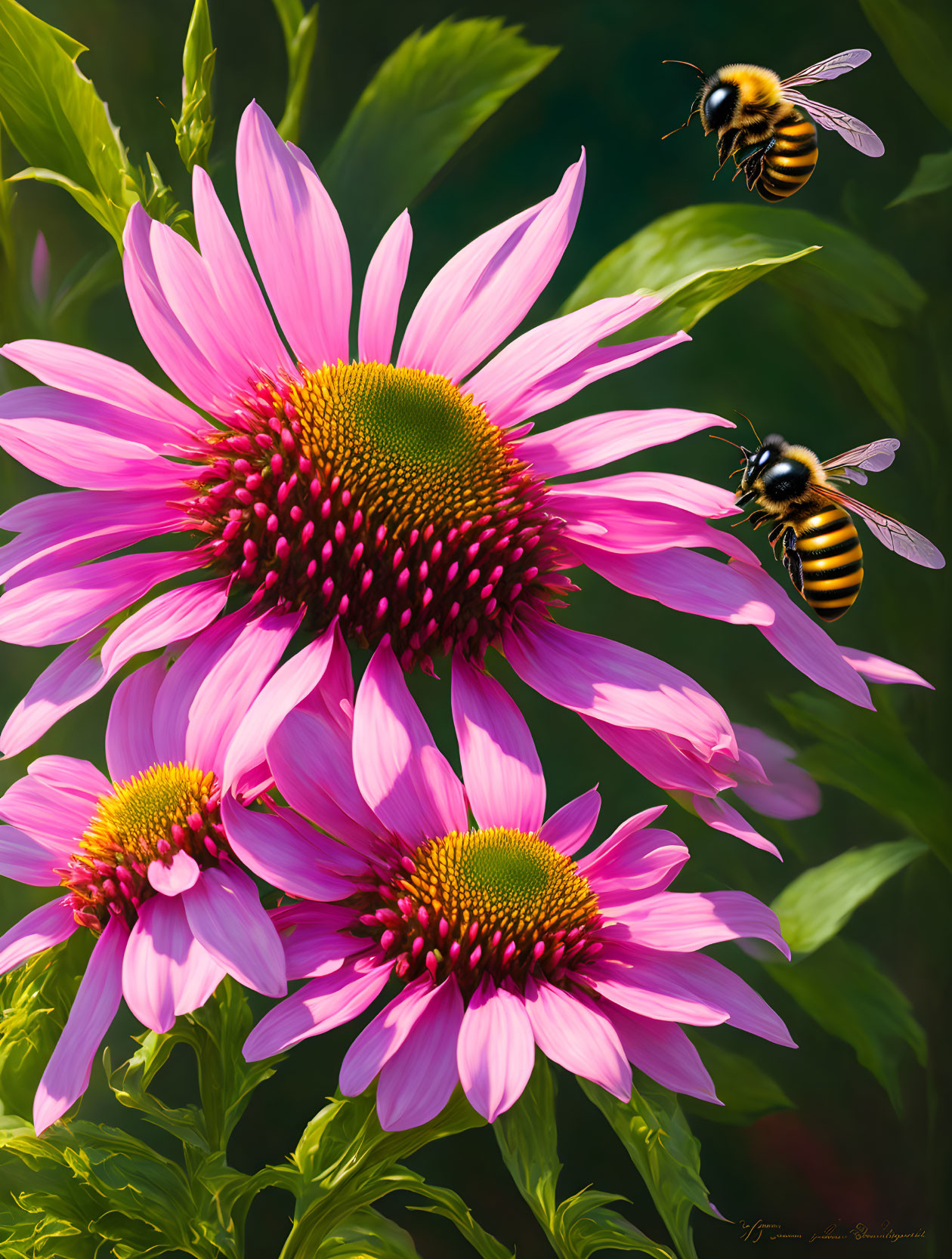 Pink Echinacea Flowers with Bees Collecting Nectar