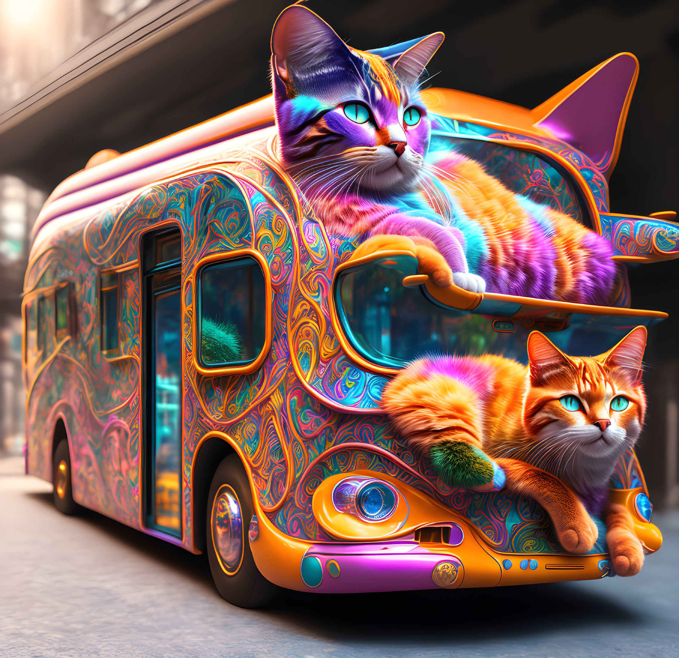 Colorful Psychedelic Bus with Large Cats in Urban Setting