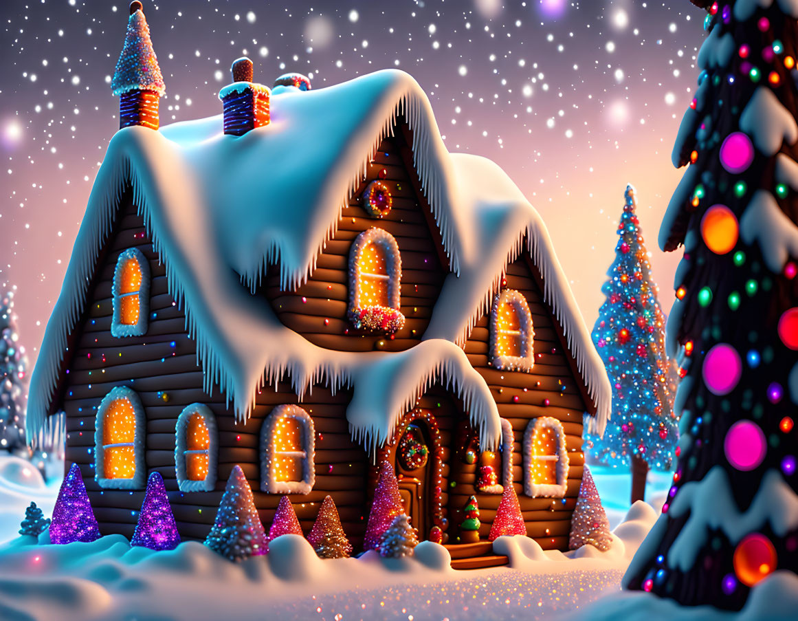 Snow-covered festive wooden house with Christmas trees at twilight