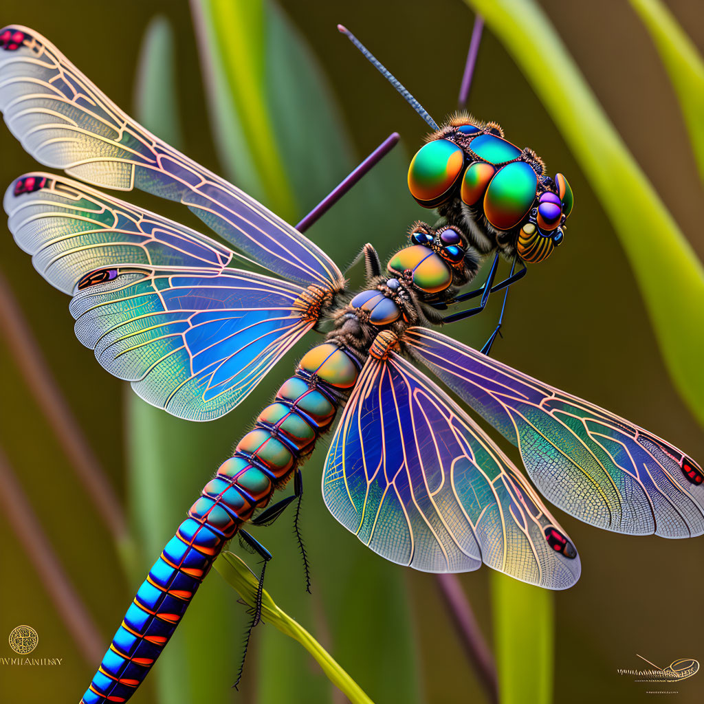 Colorful dragonfly with iridescent eyes and transparent wings on grass blade