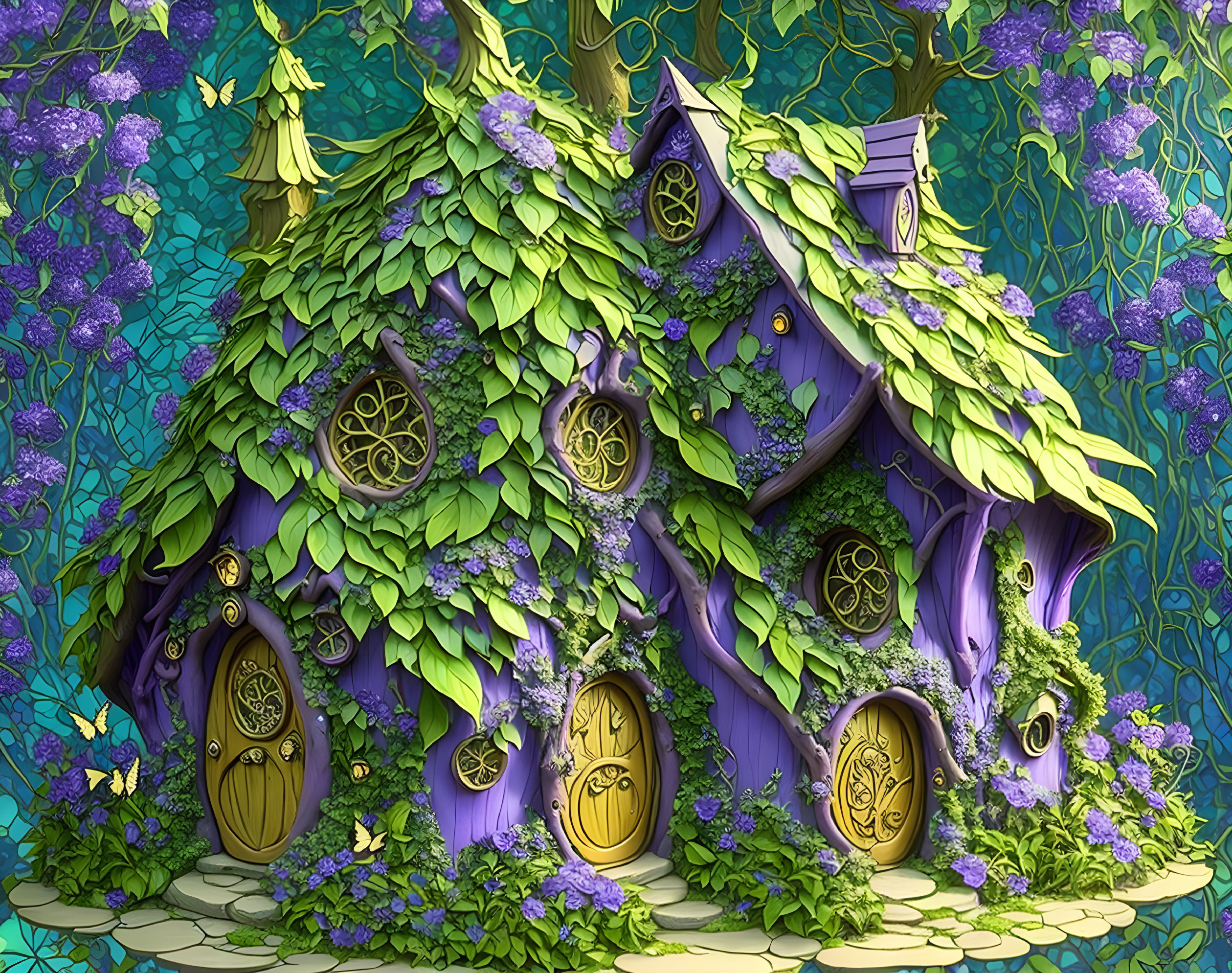 Whimsical house illustration with green foliage and purple flowers