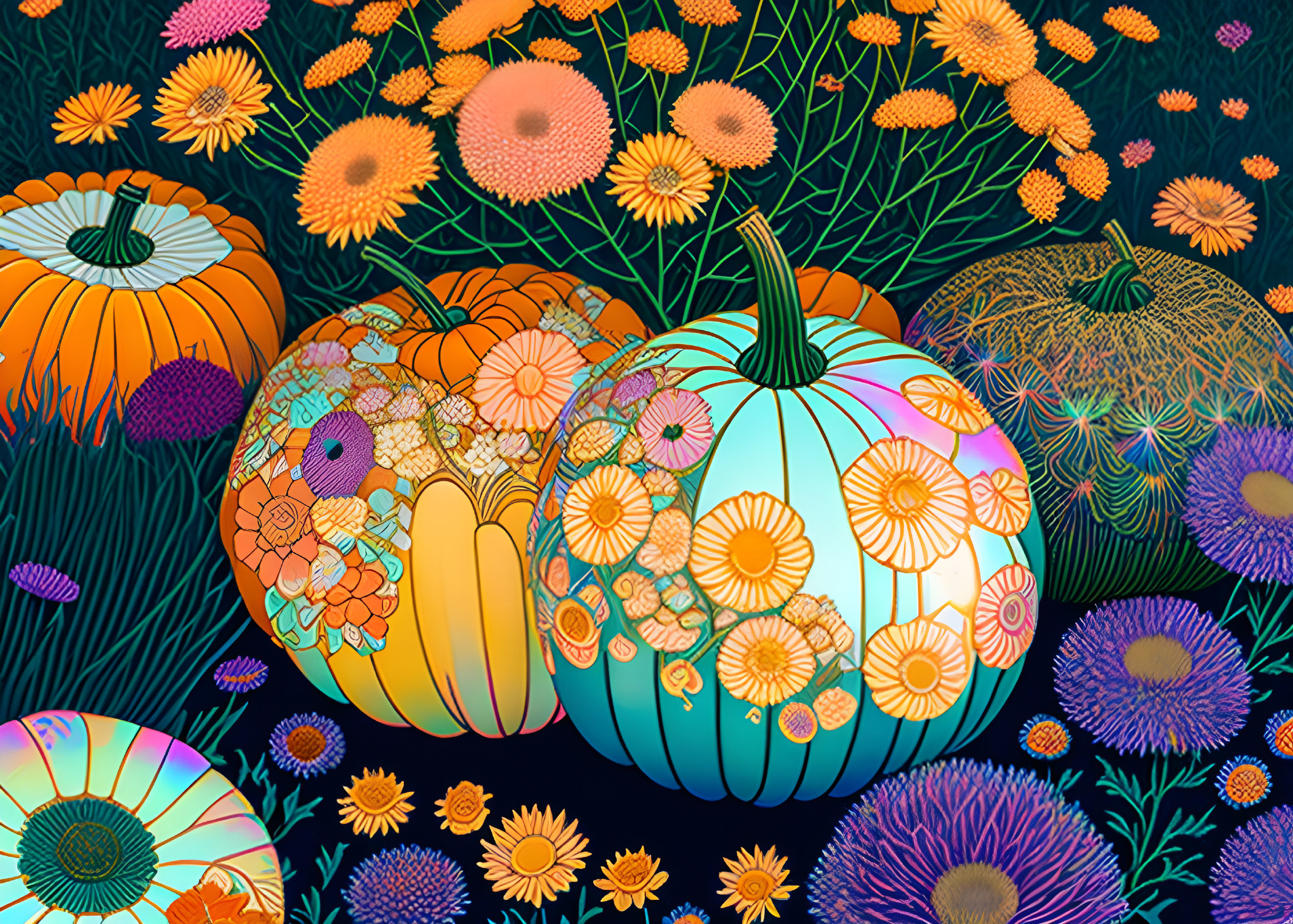 Colorful Floral Pumpkins Illustration on Dark Background