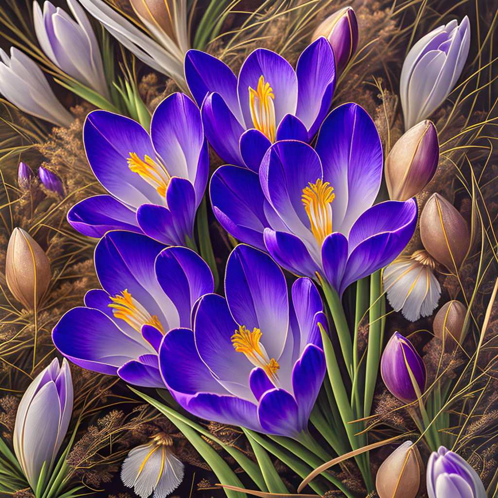 Purple Crocuses with Yellow Stamens Amid Dried Grasses in Spring