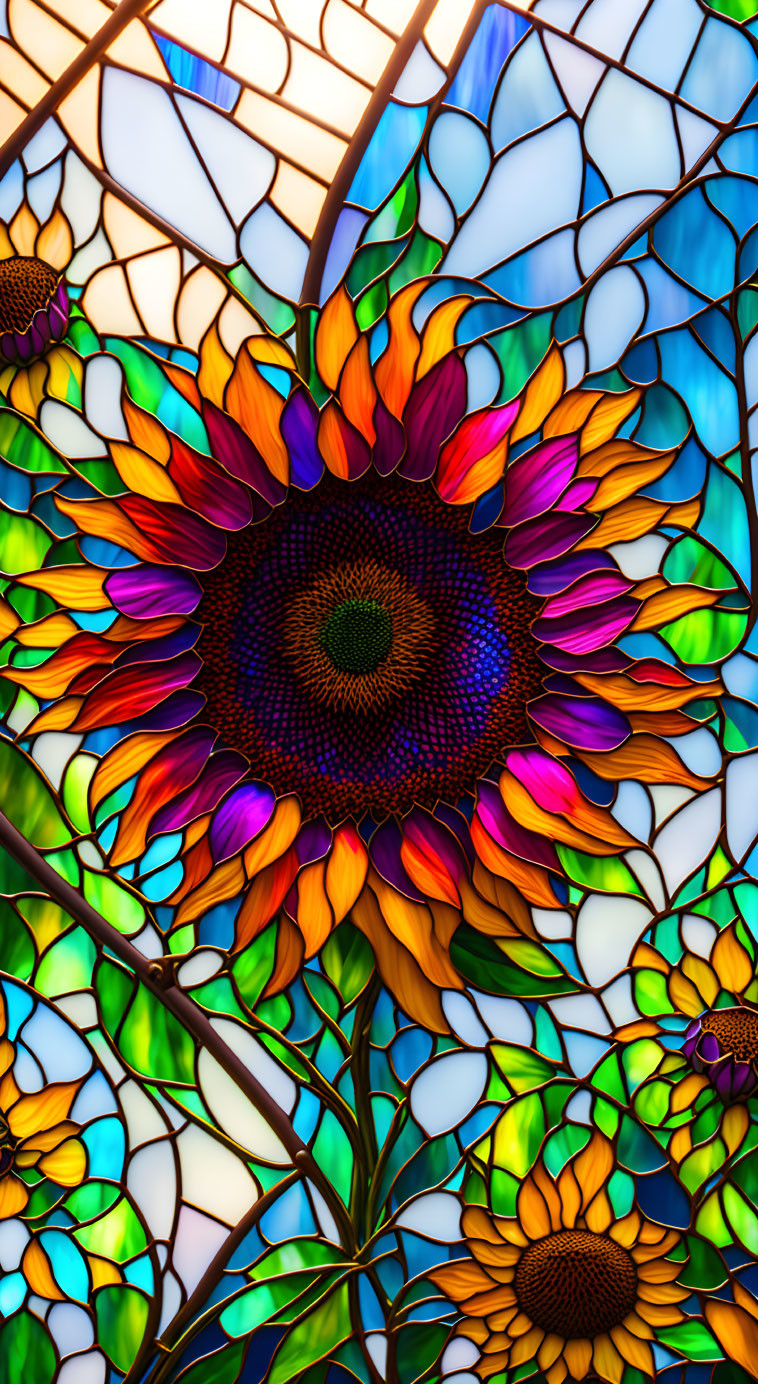 Colorful Sunflower Stained Glass Window on Blue Sky